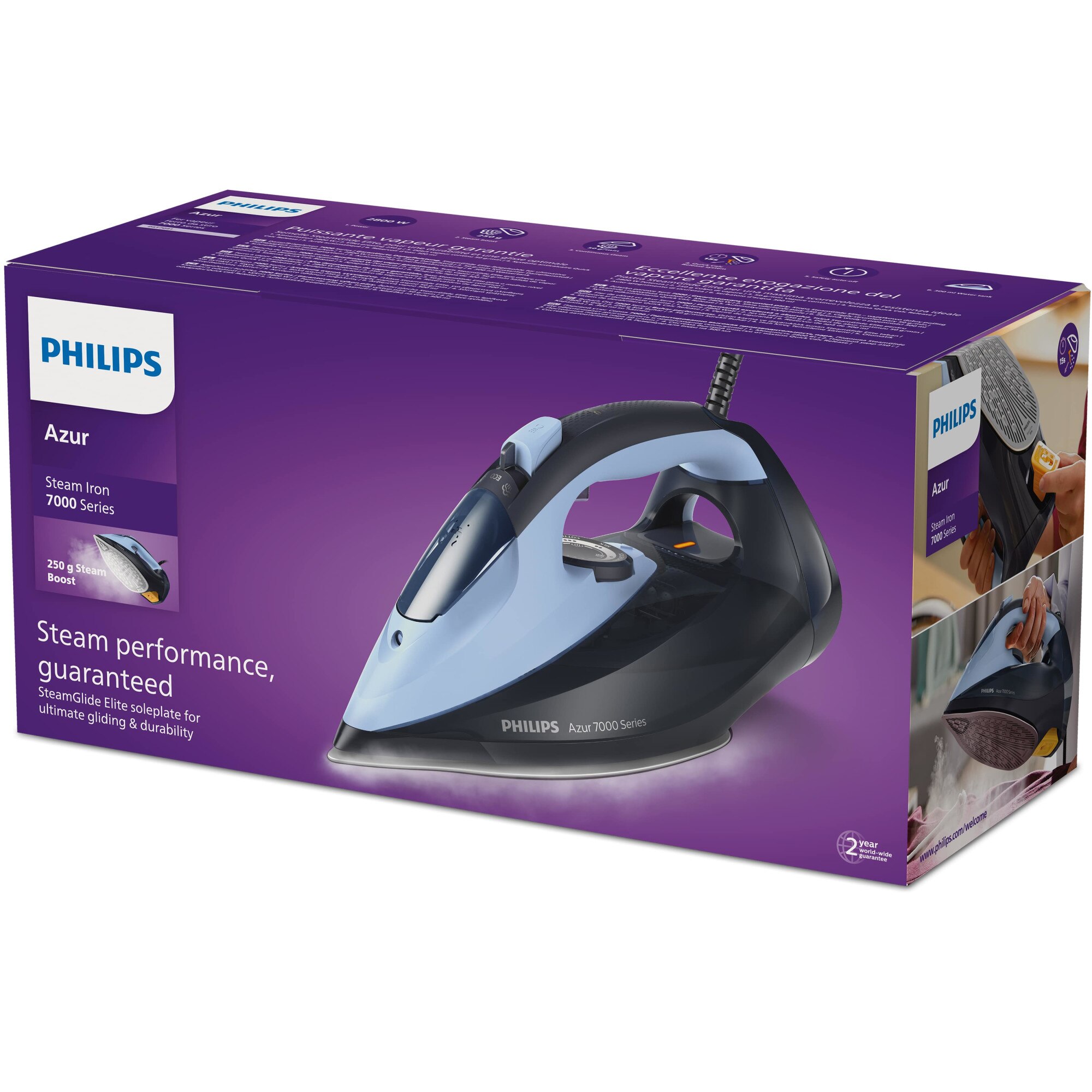 Fier de calcat Philips Azur DST7041/20, 2800W, debit de abur continuu de 50g/min si jet de abur de 250 g, talpa SteamGlide Elite, rezervor de 300ml si sistem de curatare automata cu rezervor integrat pentru calcar, oprire automata de siguranta, albastru