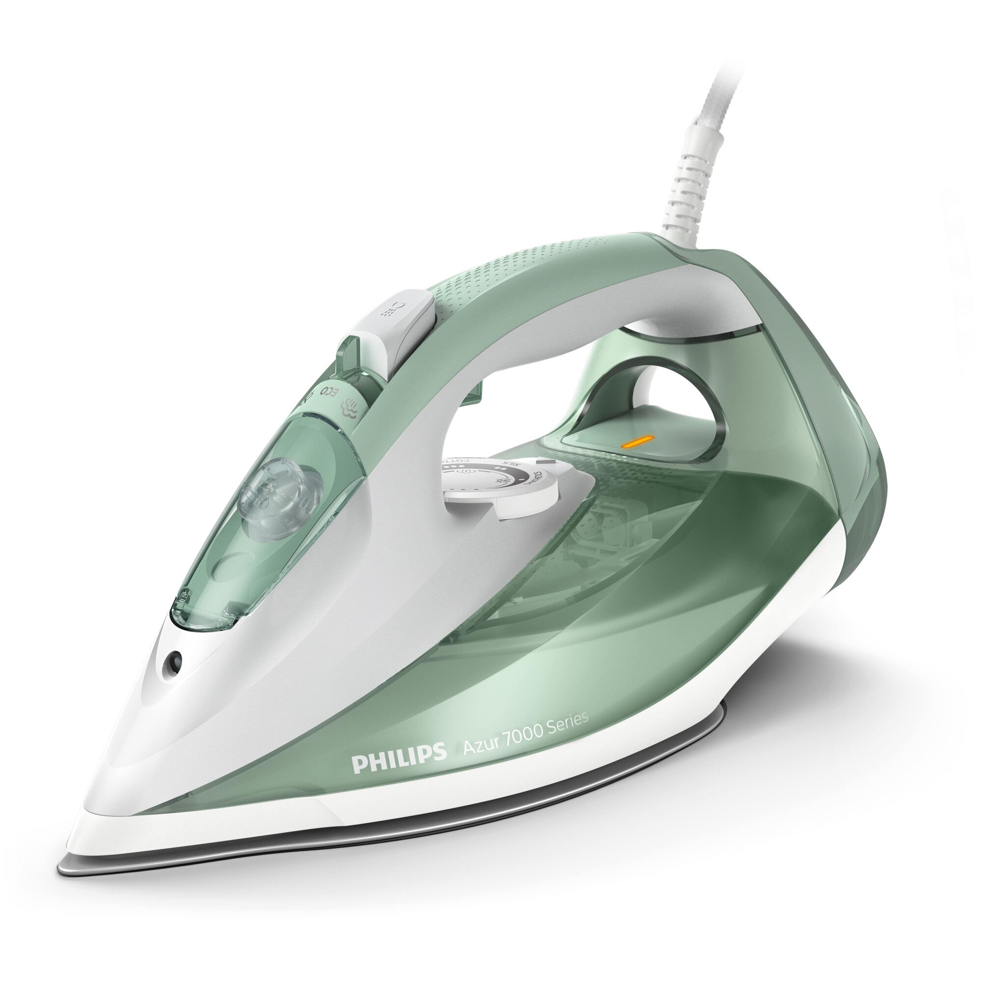 Iron Philips Azur DST701270, 2600W, continuous steam flow of 45gmin and steam jet of 220g, SteamGlide Plus soleplate, 300ml tank and automatic cleaning system with integrated tank for limescale, gray green