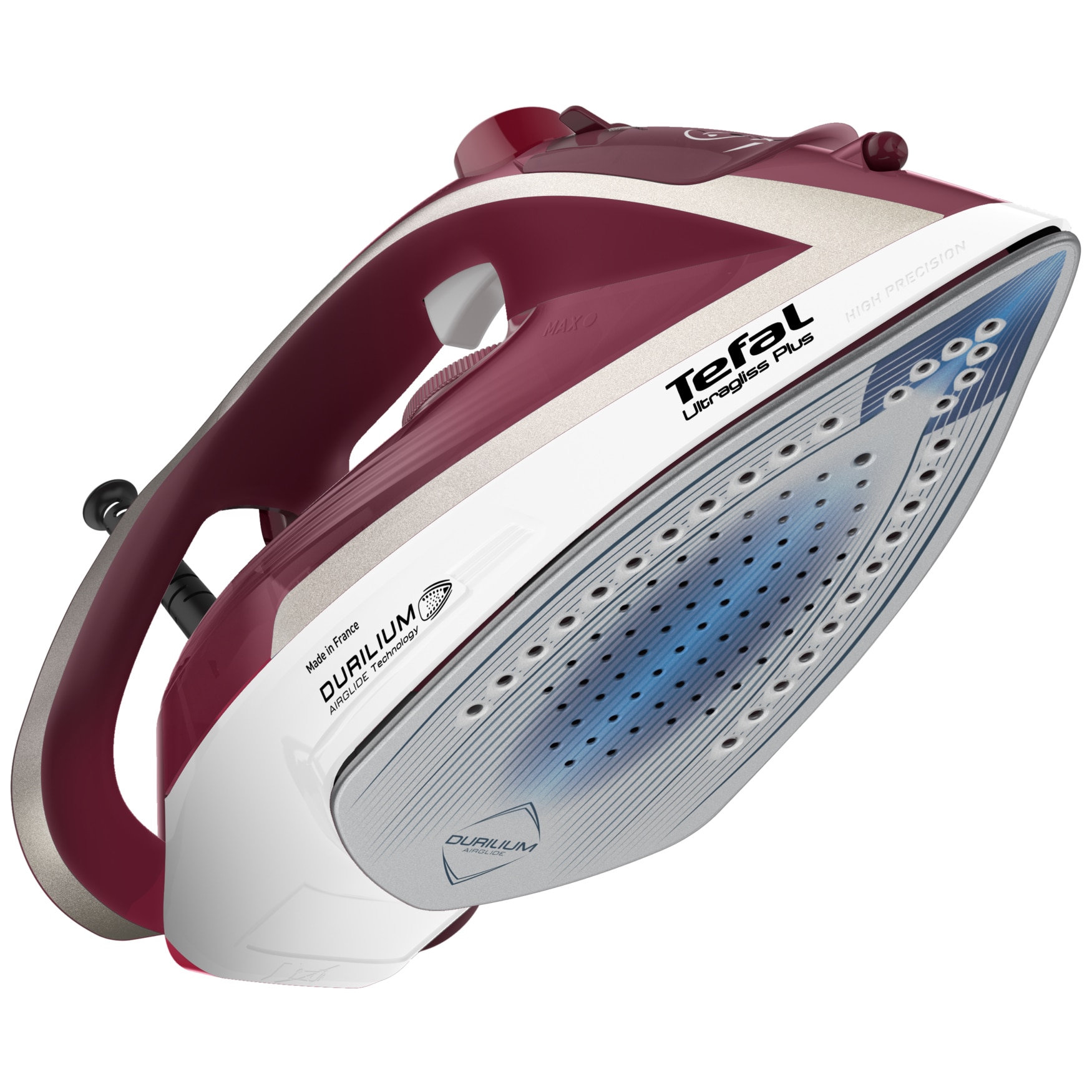 Iron Tefal Ultragliss Plus FV6810E0, 2800W, Durilium AirGlide soleplate, steam jet 250 g min, anti-limestone function, white burgundy