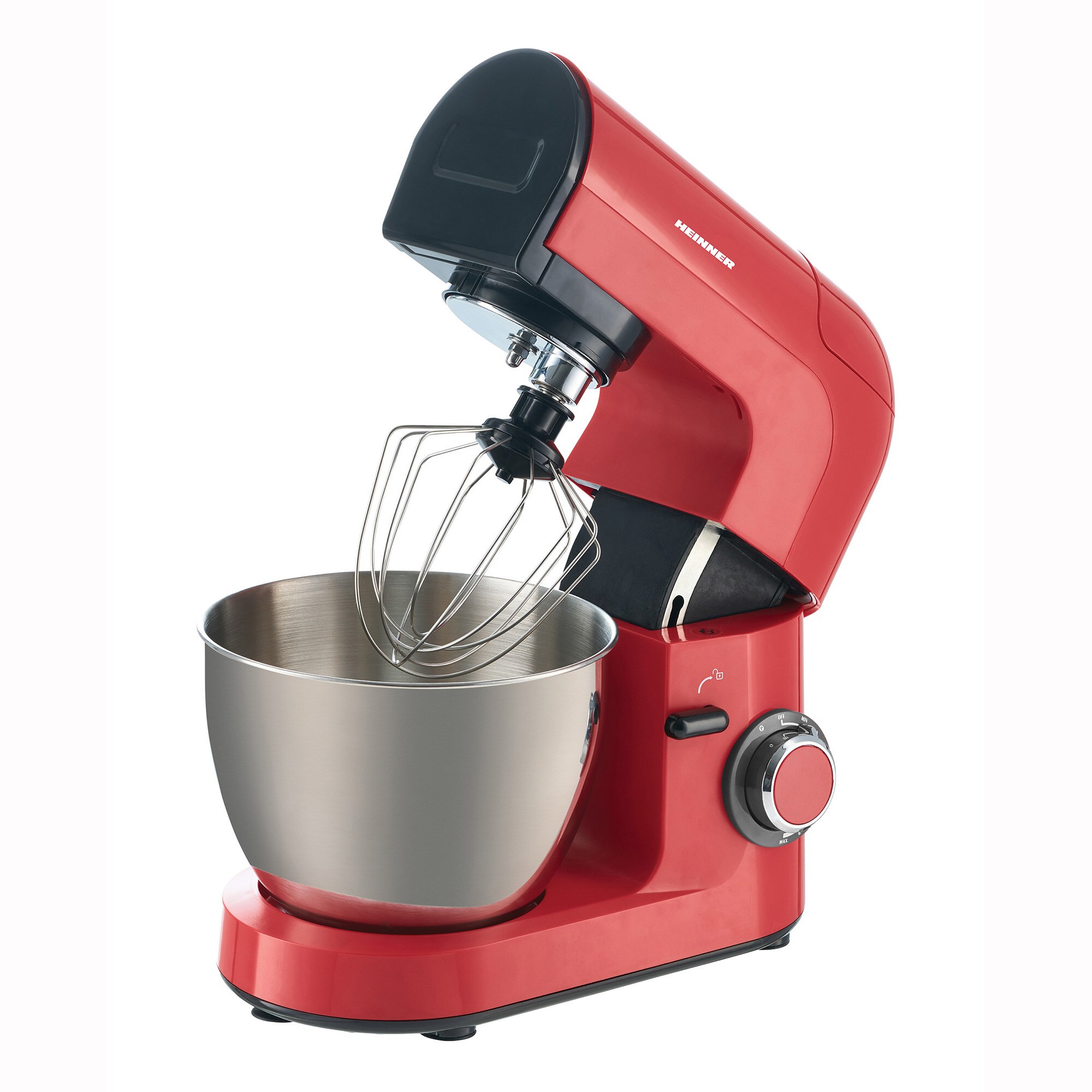 Robot de bucatarie Heinner ExpressRobot HPML1200RD, 1200W, angrenaje metalice, bol inox 45L, 6 viteze + Pulse, tel din inox, paleta si carlig din aluminiu turnat, accesorii incluse masina de tocat si blender, Rosu