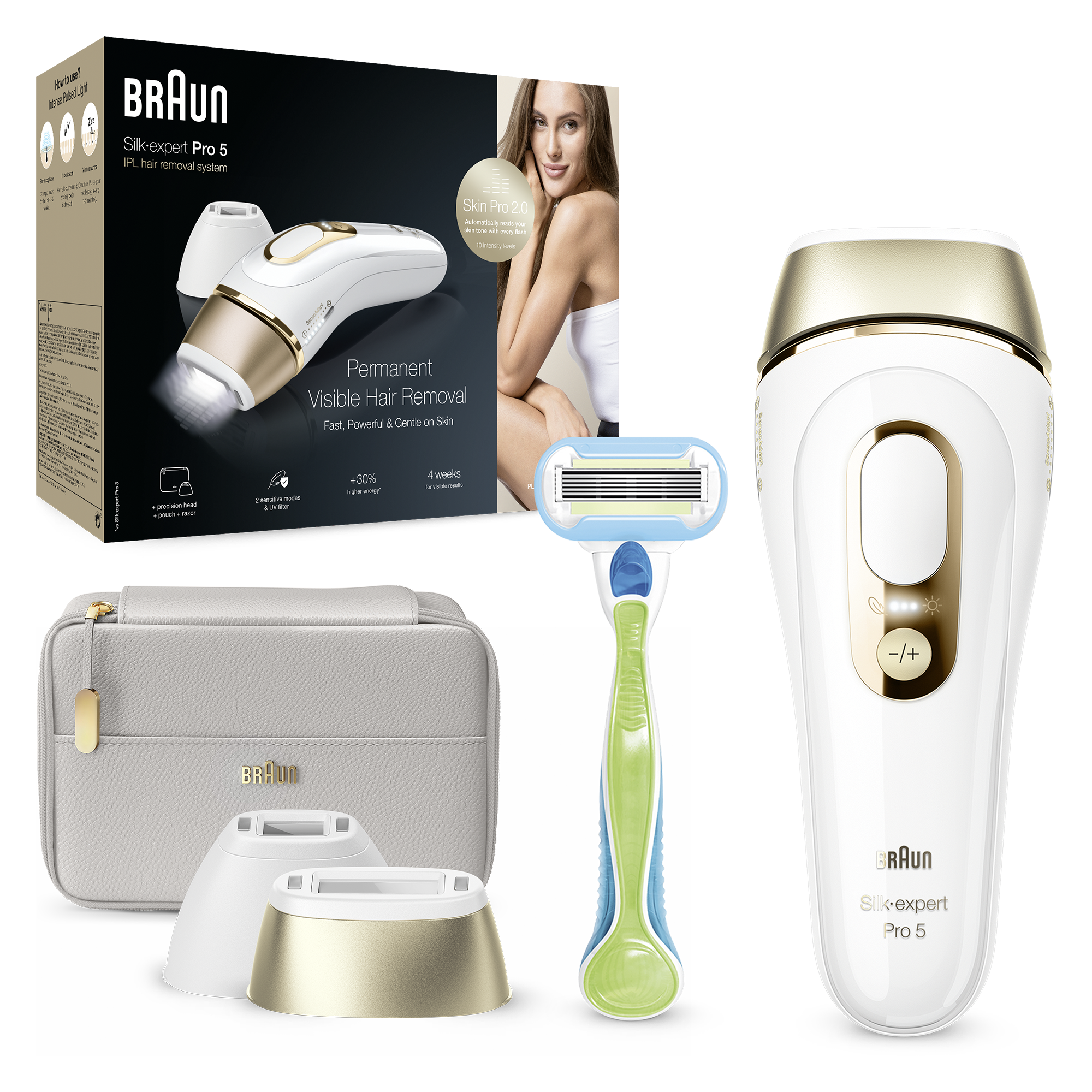 Epilator IPL Braun Silk-expert PRO 5 PL5154 Senzor automat & continuu Skin pro 2.0, 400.000 impulsuri, 10 niveluri de intensitate, 125 de impulsuri pe minut, cap de precizie, Trusa de voiaj, Aparat de ras Venus, Alb/Auriu