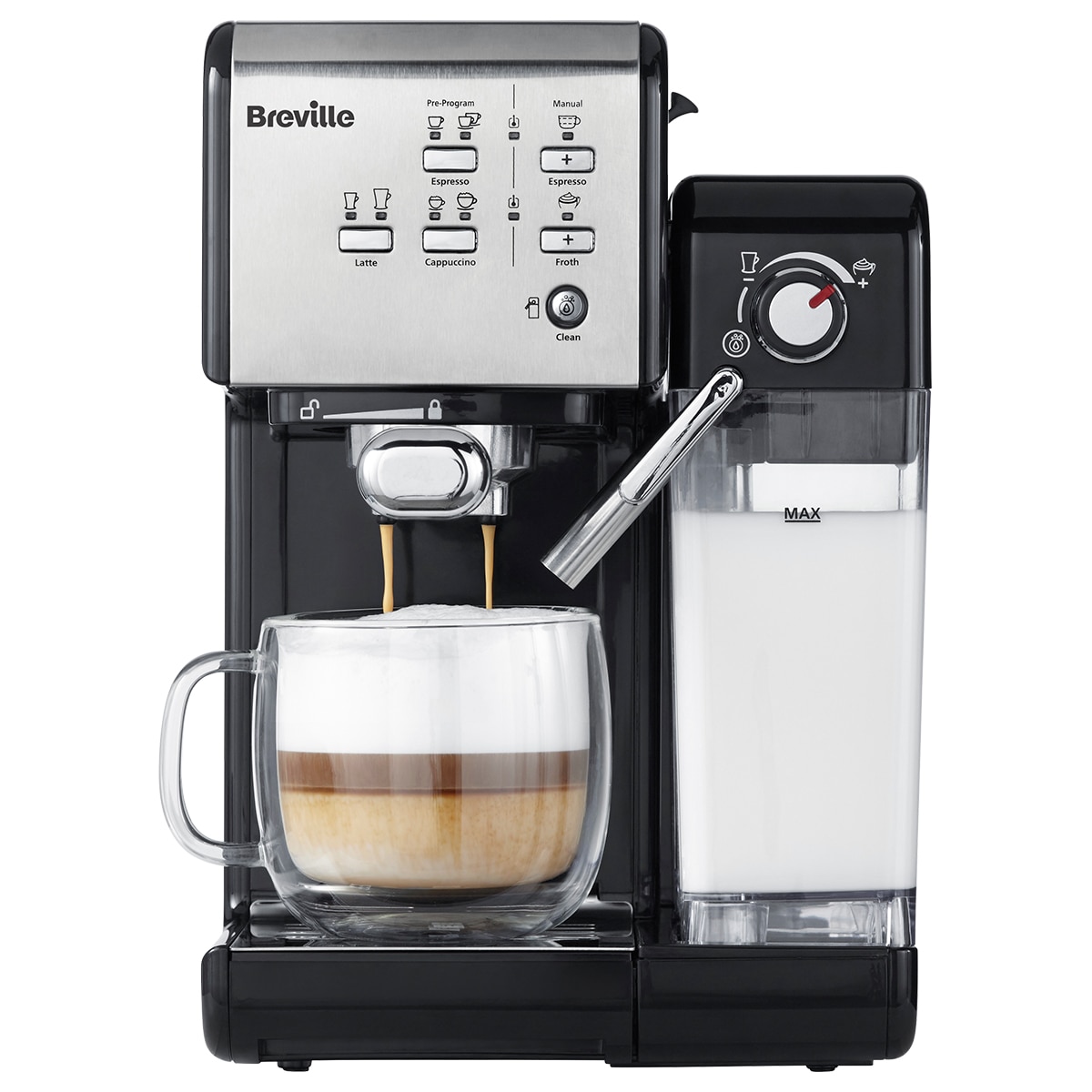 Breville VCF108X Prima Latte II manual espresso machine, 19 bar, 1.5 L, 0.6 L milk container, Silver