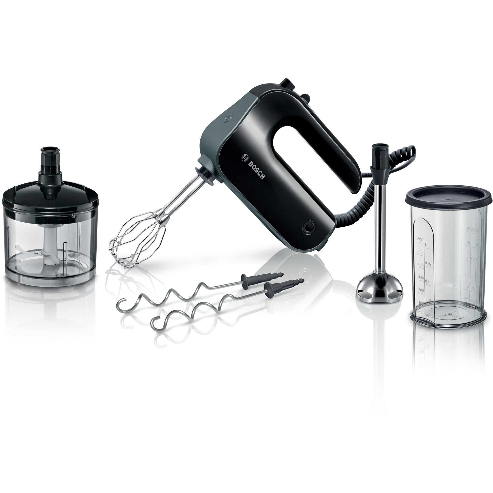 Bosch MFQ4980B Hand Mixer, 850 W, 5 power levels + turbo function, Chopper, Measuring bowl, 2 stainless steel whisks, 2 stainless steel spirals, Black