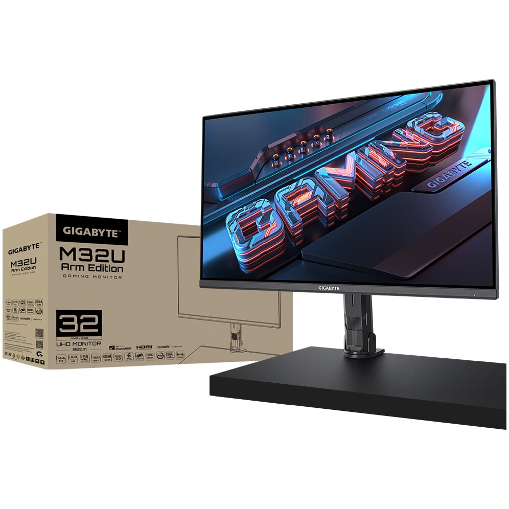 Monitor Gaming LED IPS Gigabyte Arm Edition 31.5", UHD (3840x2160), 144Hz, 1ms, AMD FreeSync™ Premium Pro, Display HDR400, Boxe 3W x2, Hub USB, USB Type-C, 2x HDMI, Display Port, VESA, Pivot, negru