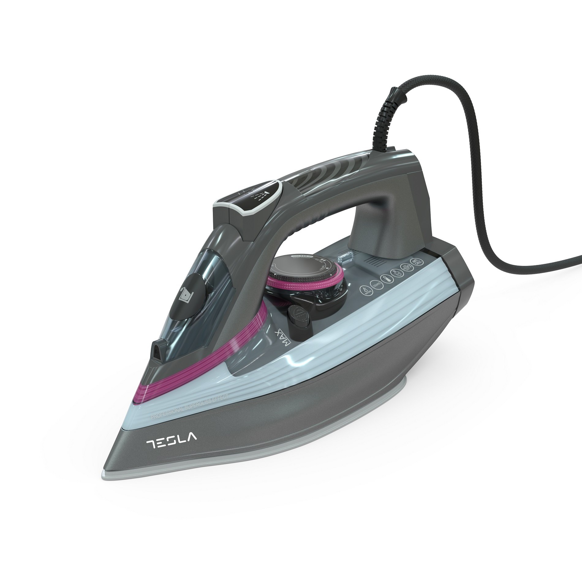 Fier de calcat Tesla IR400GP, 3100 W, talpa ceramica, rezervor 380 ml, 25g/min, Functie Anti-Calcar, Functie Anti-Picurare, cablu 1.9 m, Gri