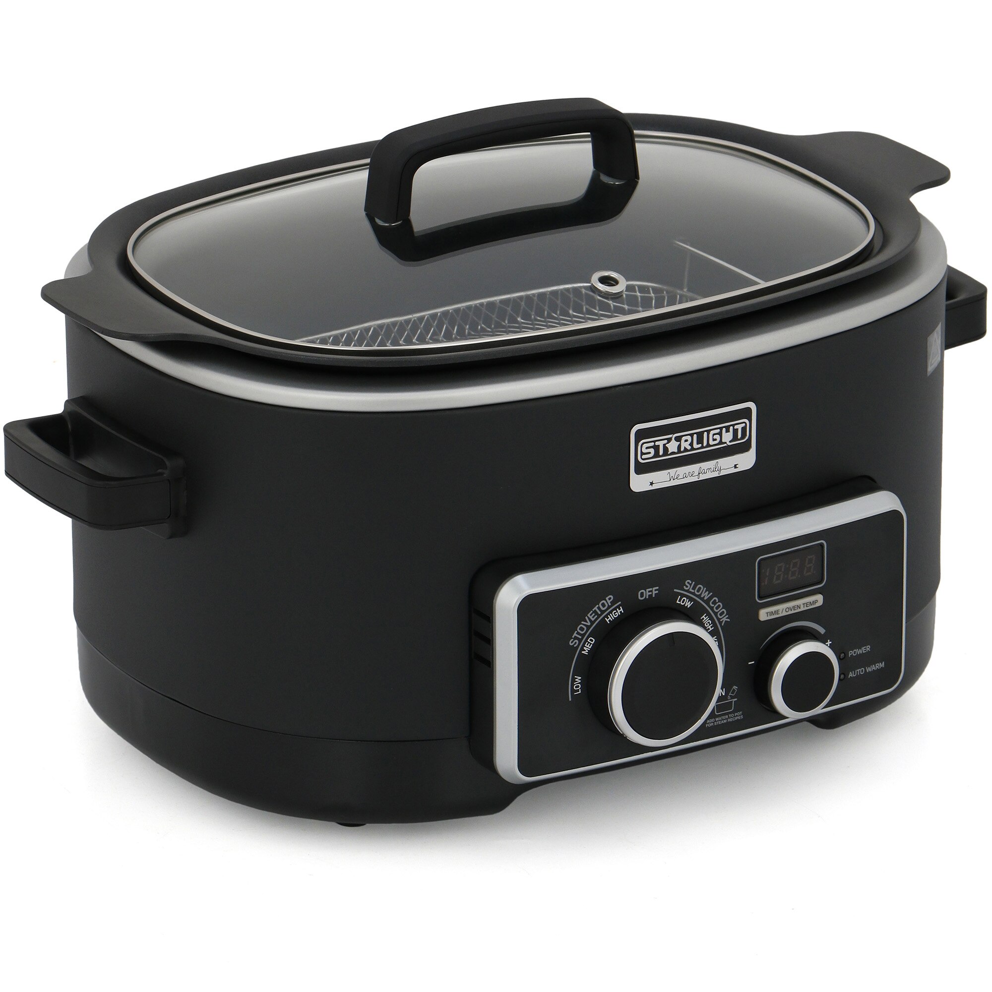 Multicooker StarLight MCB612BL, 1200W, 55 l, control digital, functie slow cooker si gatire la abur, vas antiaderent, timer, mentinere la cald, negru