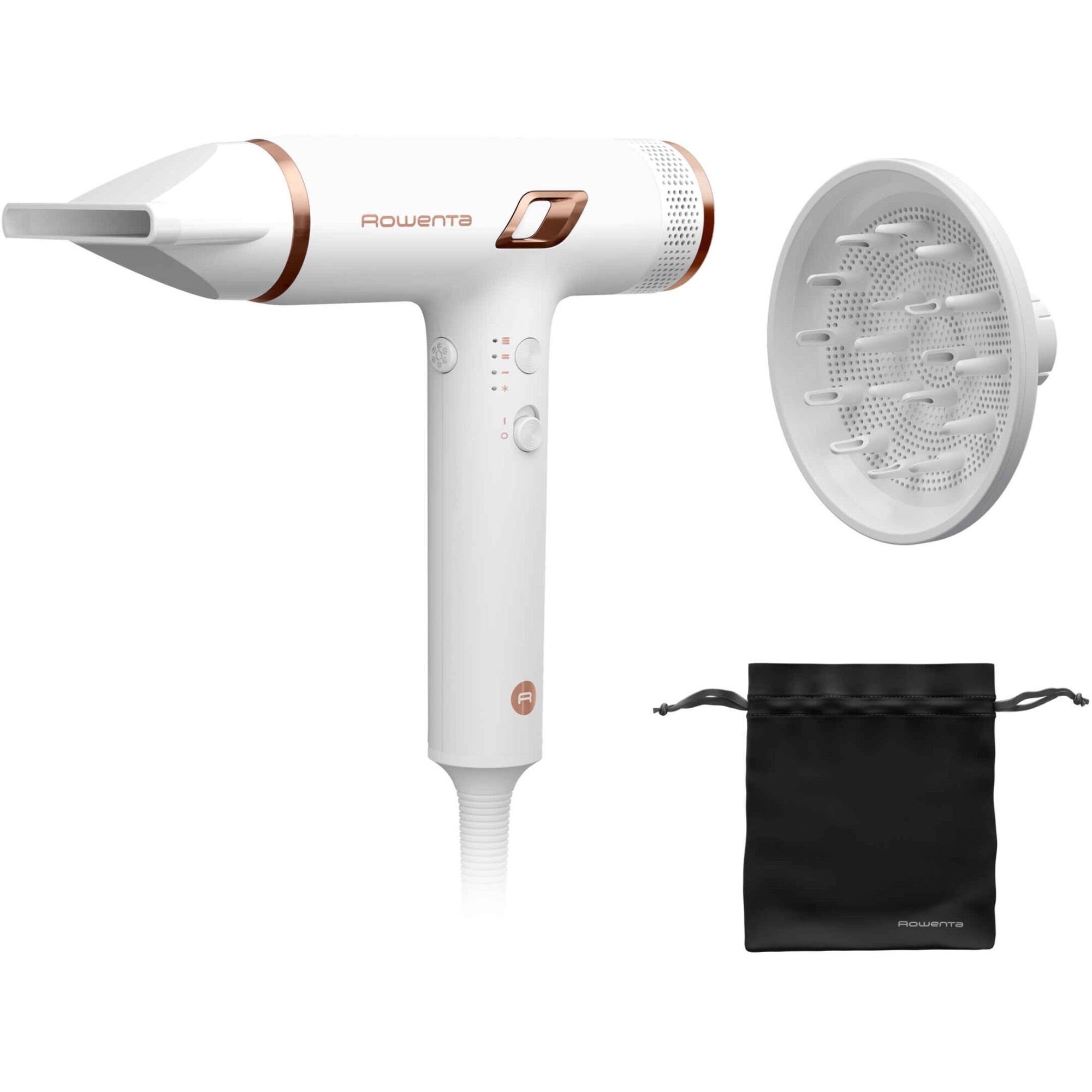 Rowenta Nano HY8140F0 hair dryer, 1700W, 3 settings, nozzle, diffuser, ion generator, cold air, cleaning brush, white