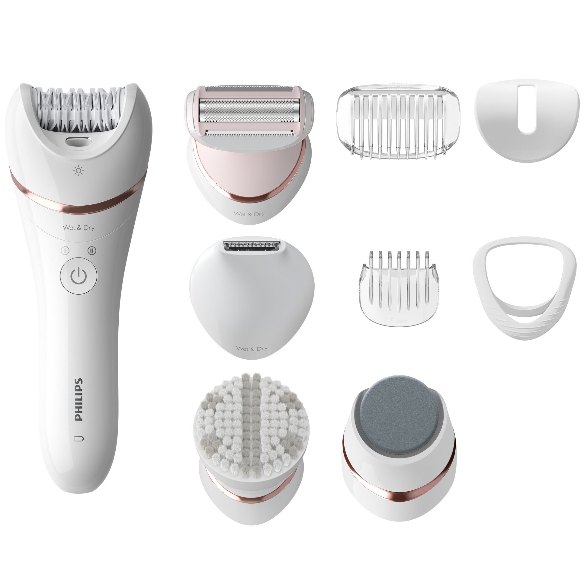 Wet and dry epilator Philips Series 9000 BRE74090, 12 accessories, 32 tweezers, cordless use, 2 speed settings, optilight, ceramic discs, Silver