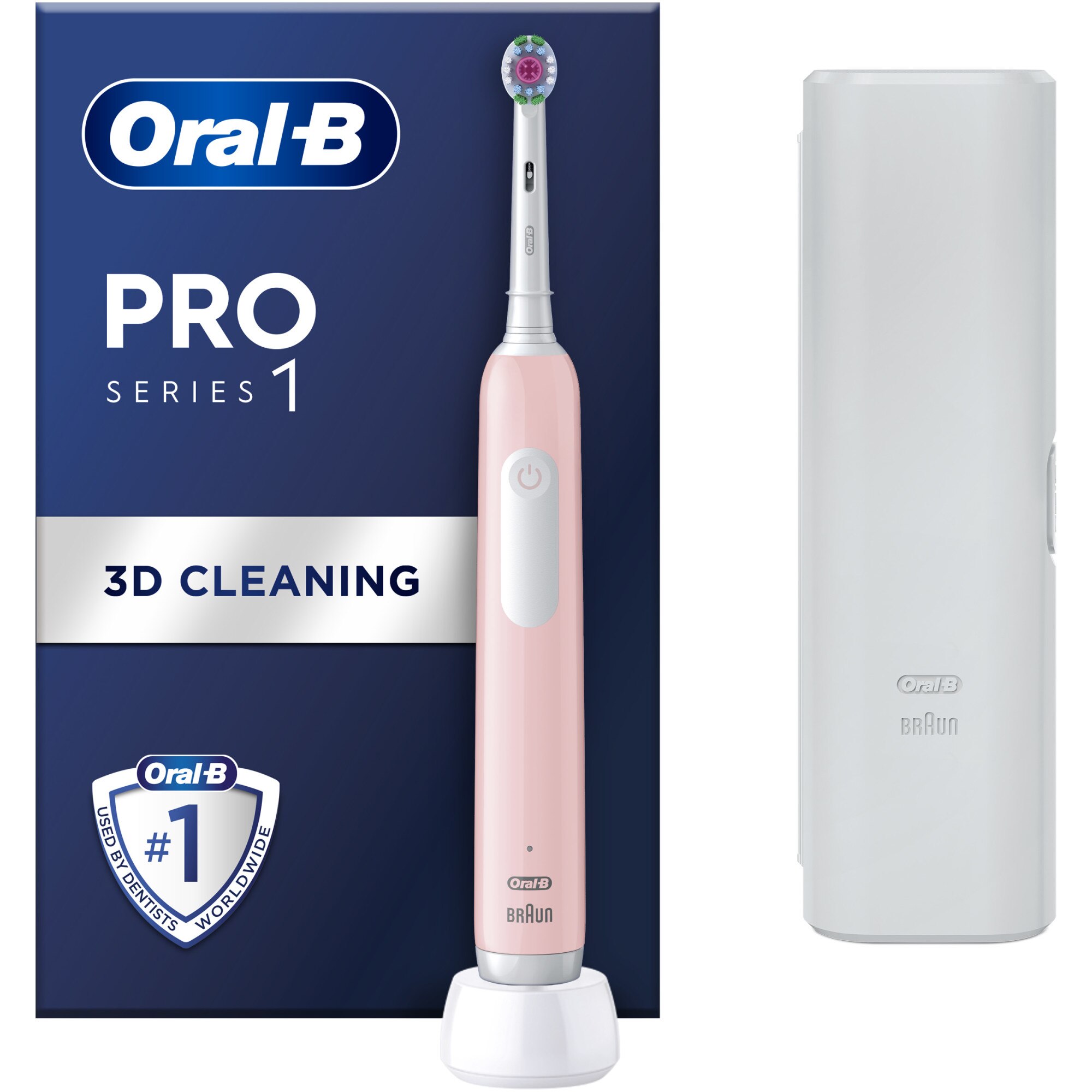 Oral-B Pro 1 Electric Toothbrush, 3D Clean, 1 Program, 1 Brush Head, Travel Kit, Pink