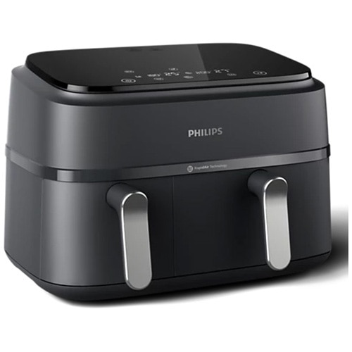 Philips Airfryer Series 3000 NA351/00 oil-free double fryer, Rapid Air technology, 2 containers of 2 sizes, digital display, 8 presets, 9 liter capacity, timer, compatible with HomeID