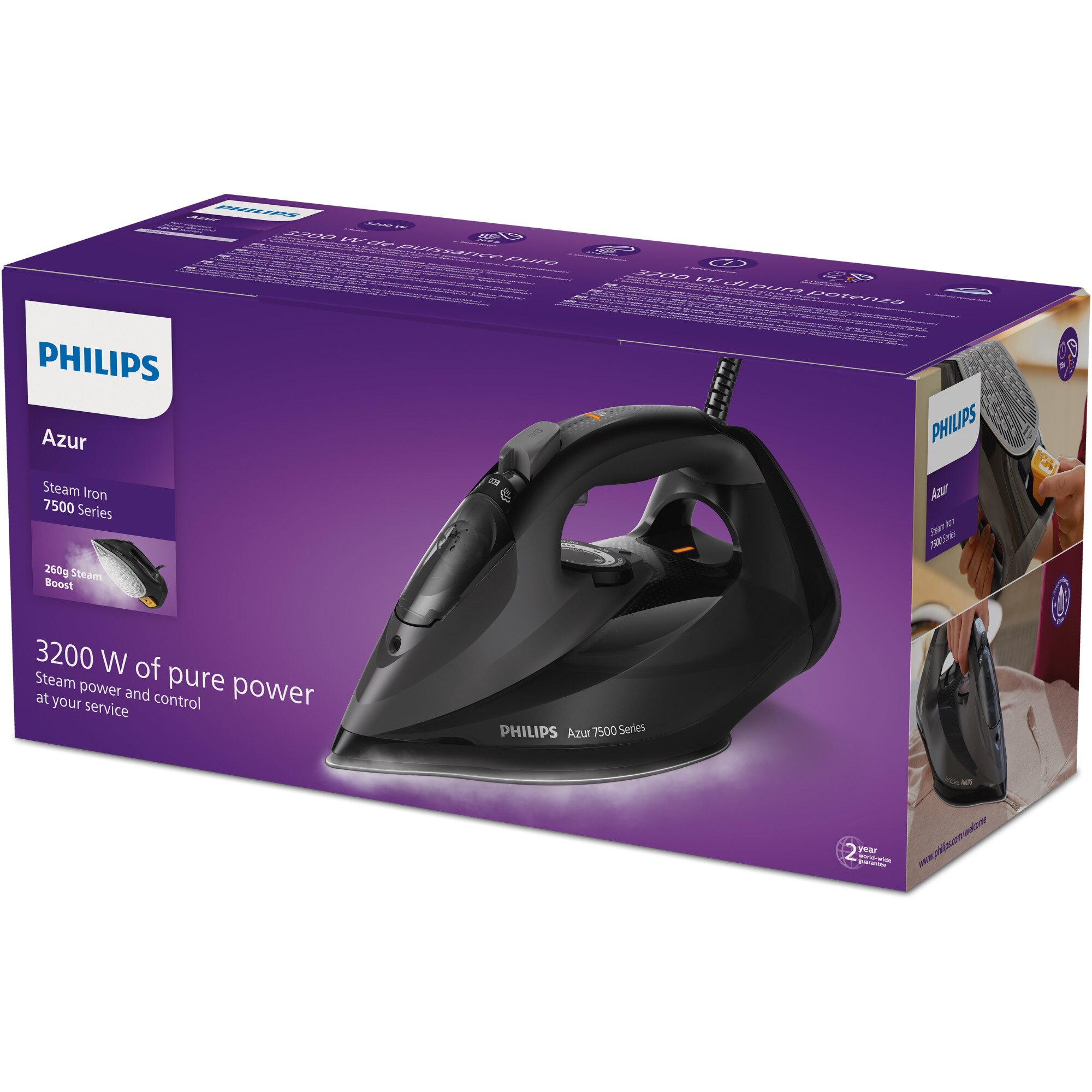 Philips Azur DST7511/80 iron, 3200W, 55g/min steam, 260g jet, SteamGlide Elite soleplate, 300ml, black