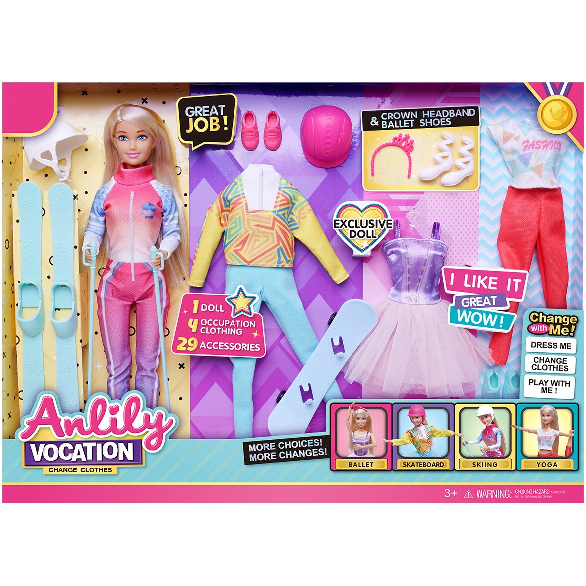 Set papusa Mappy 29 cm, cu 4 tinute, schiuri si skateboard