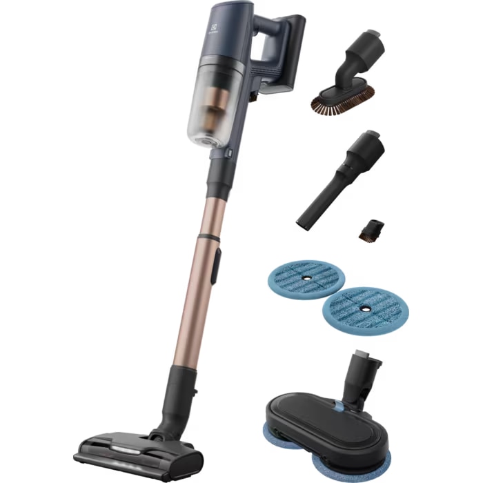 Electrolux Wet 800 EP82H25WET upright vacuum, 90 min, 25.2V, 140AW, LCD, 3 speeds, 0.4L, Turbo &amp; mopping brushes, floor stand.