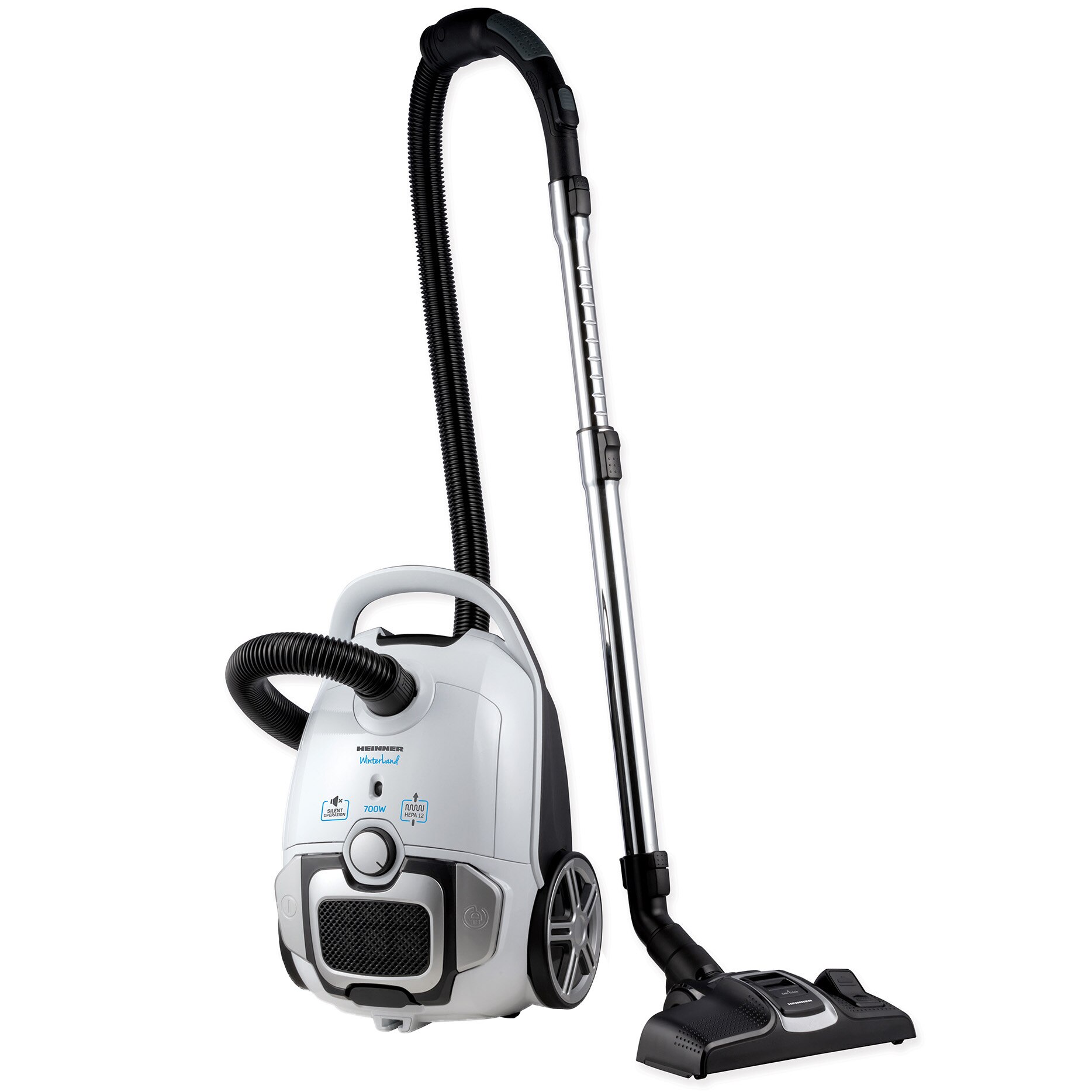 Heinner bagged vacuum cleaner, silent operation 69dB, HEPA 12 filter, ECO brush, power 700W, suction power 150W, 3L textile bag, metal tube, variable speed, full bag indicator, accessory storage space, power cord length 7m, White