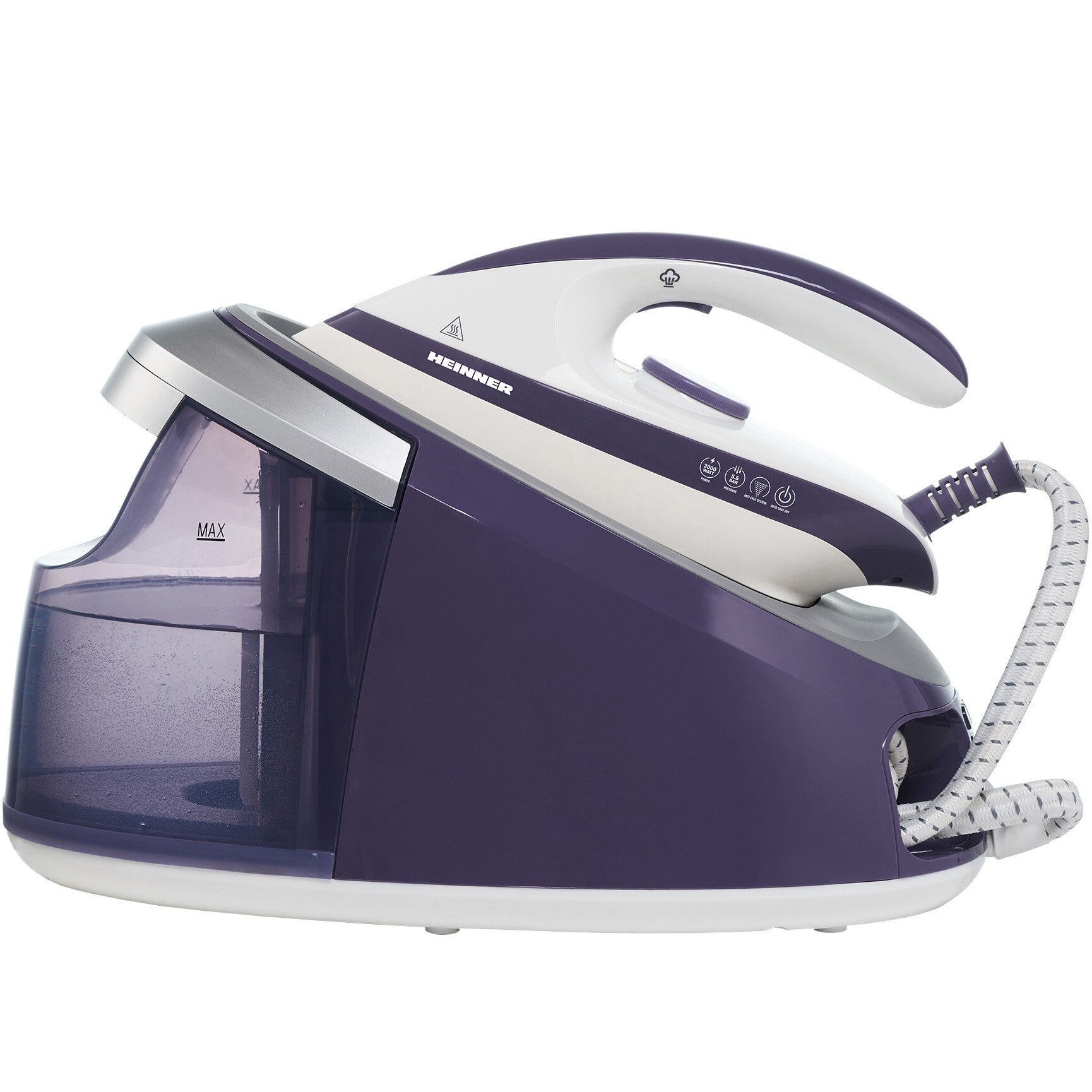 Heinner HIS-D3006V boiler ironing station, 3000 W (2200W boiler + 800W iron), 5.5 bar, 1.7 L, Adjustable steam: 140+/-15g/min, ceramic soleplate, automatic shut-off, Purple
