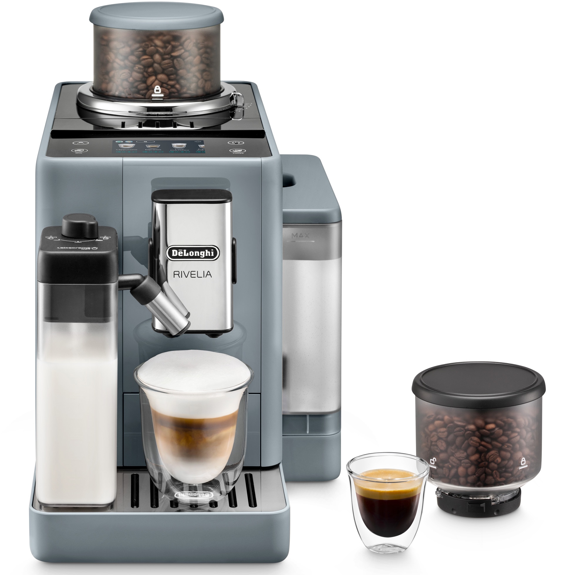 De'Longhi Rivelia EXAM 440.55.G automatic espresso machine, 0132215475, 1450W, 15 types of drinks, 19 bars, 2 bean containers, Bean Adapt Technology, Carafe with LatteCrema Hot technology, Gray
