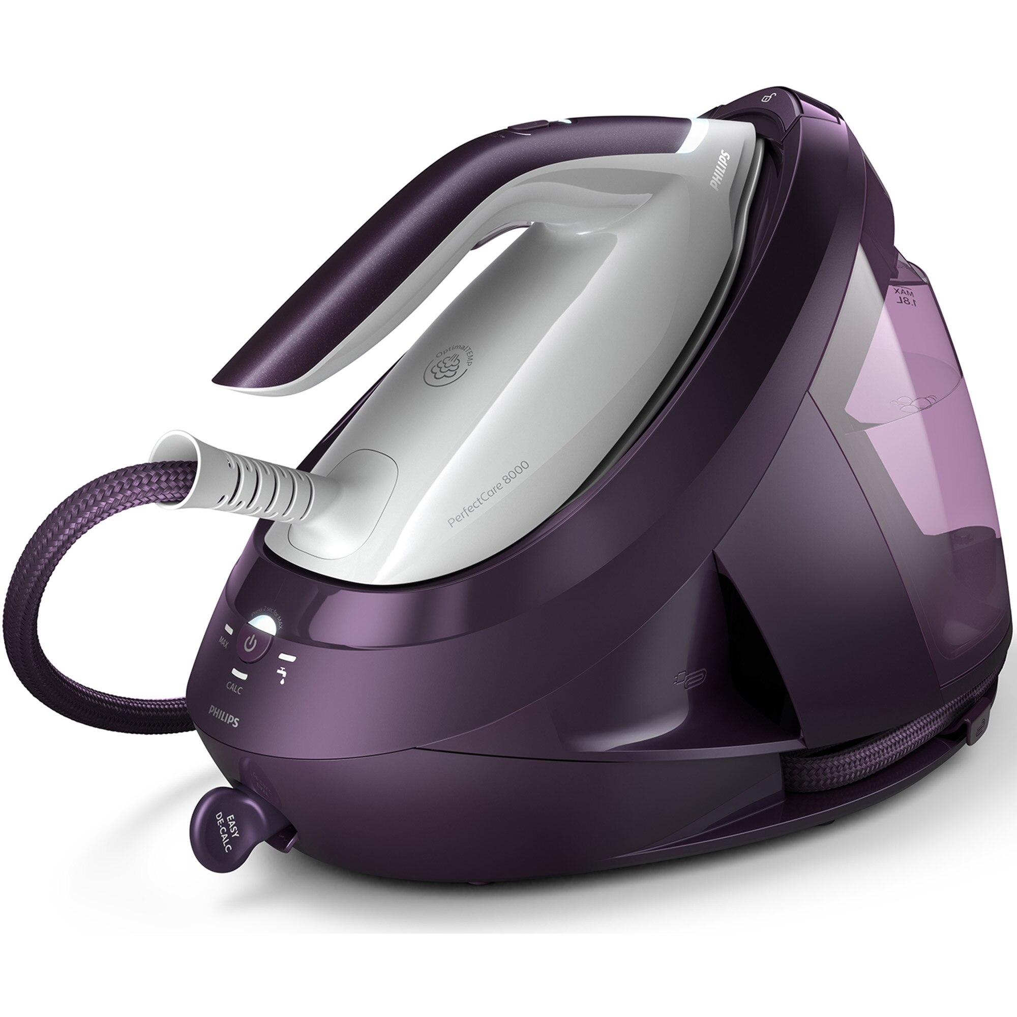 Statie de calcat cu abur Philips seria 8000 PSG8050/30, 2700W, 8 bari, jet de abur continuu 170g/min, jet de abur 600g abur, Talpa SteamGlide Elite, blocare de siguranta, functie Easy-Decalc Plus, tehnologia ActiveSense si DynamIQ