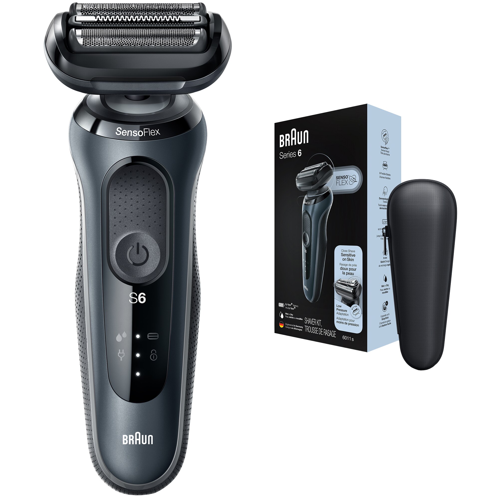Electric shaver Braun Series 6 61N1000s Wet&amp;Dry, AutoSense, 4 cutting elements, SensoFlex, Travel case, Gray