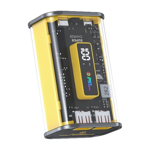 Acumulator extern A+ T142LF - 10.000 mAh Super Charge 3.0 + Power Delivery (PD) 22.5W, afisaj digital, 4 porturi USB, conectivitate Micro USB, carcasa transparenta