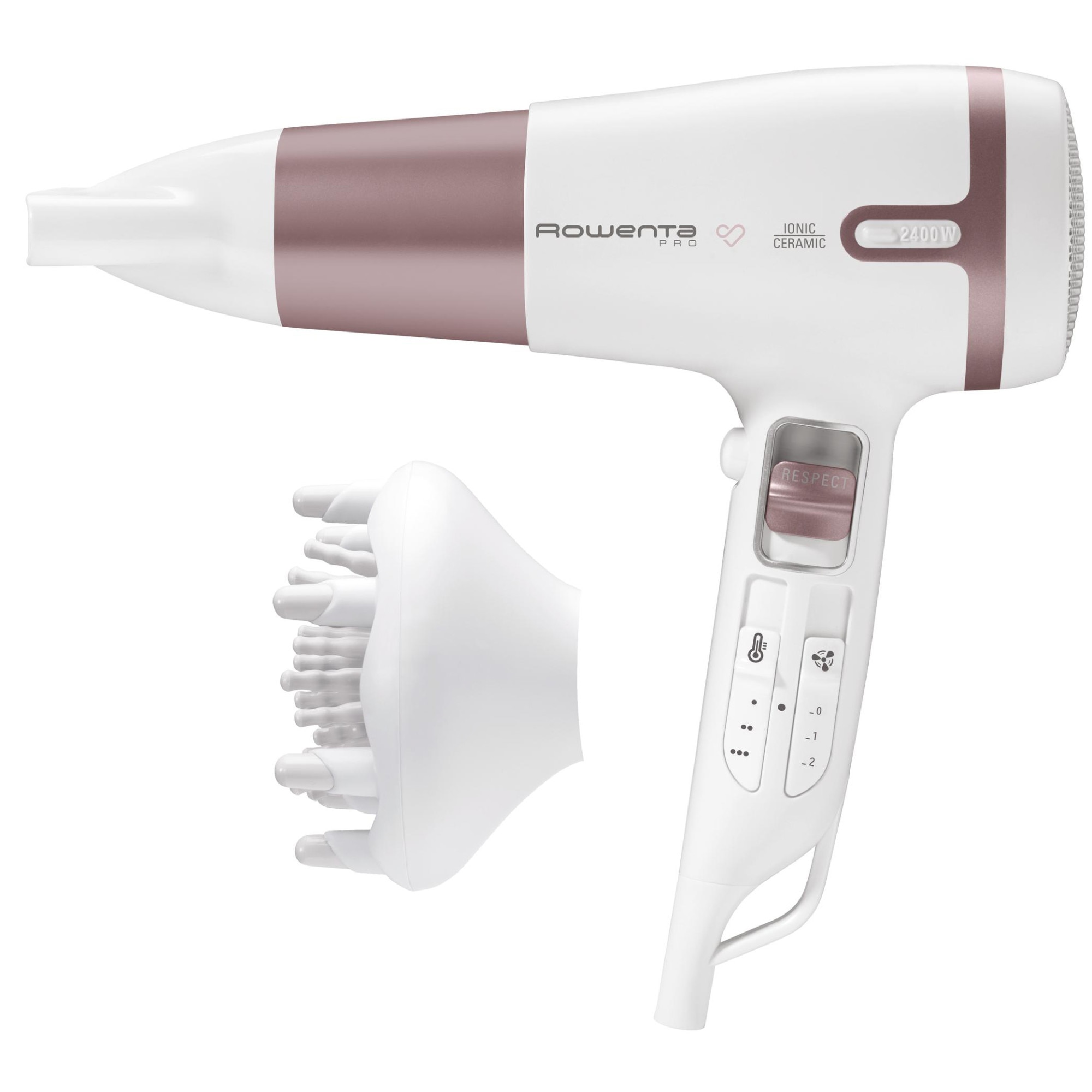 Hair dryer Rowenta Pro Respect Premium Care CV7461F0, 2400 W, active diffuser, ionization function, 3 temperature settings, 2 speeds, Cool Shot, White