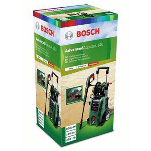 Bosch Advanced Aquatak 140 pressure washer, 2100 W, 140 bar maximum pressure, 450 lh water flow, hose drum