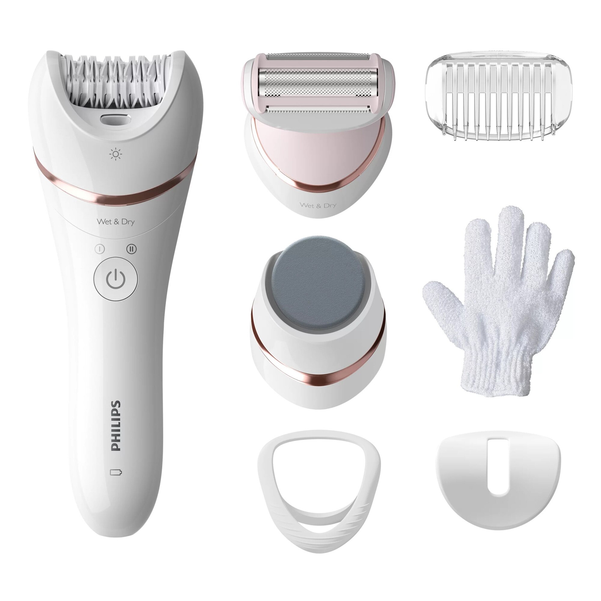 Wet and dry epilator Philips Series 8000 BRE73010, 7 accessories, 32 tweezers, cordless use, 2 speed settings, optilight, ceramic discs, Silver