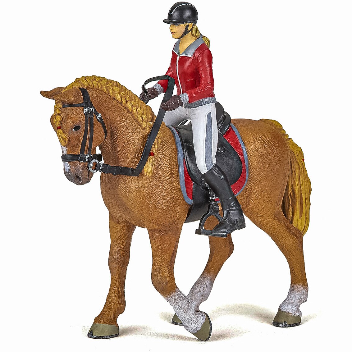 Set figurine Papo - Cai si Ponei, Jocheu in jacheta rosie si cal