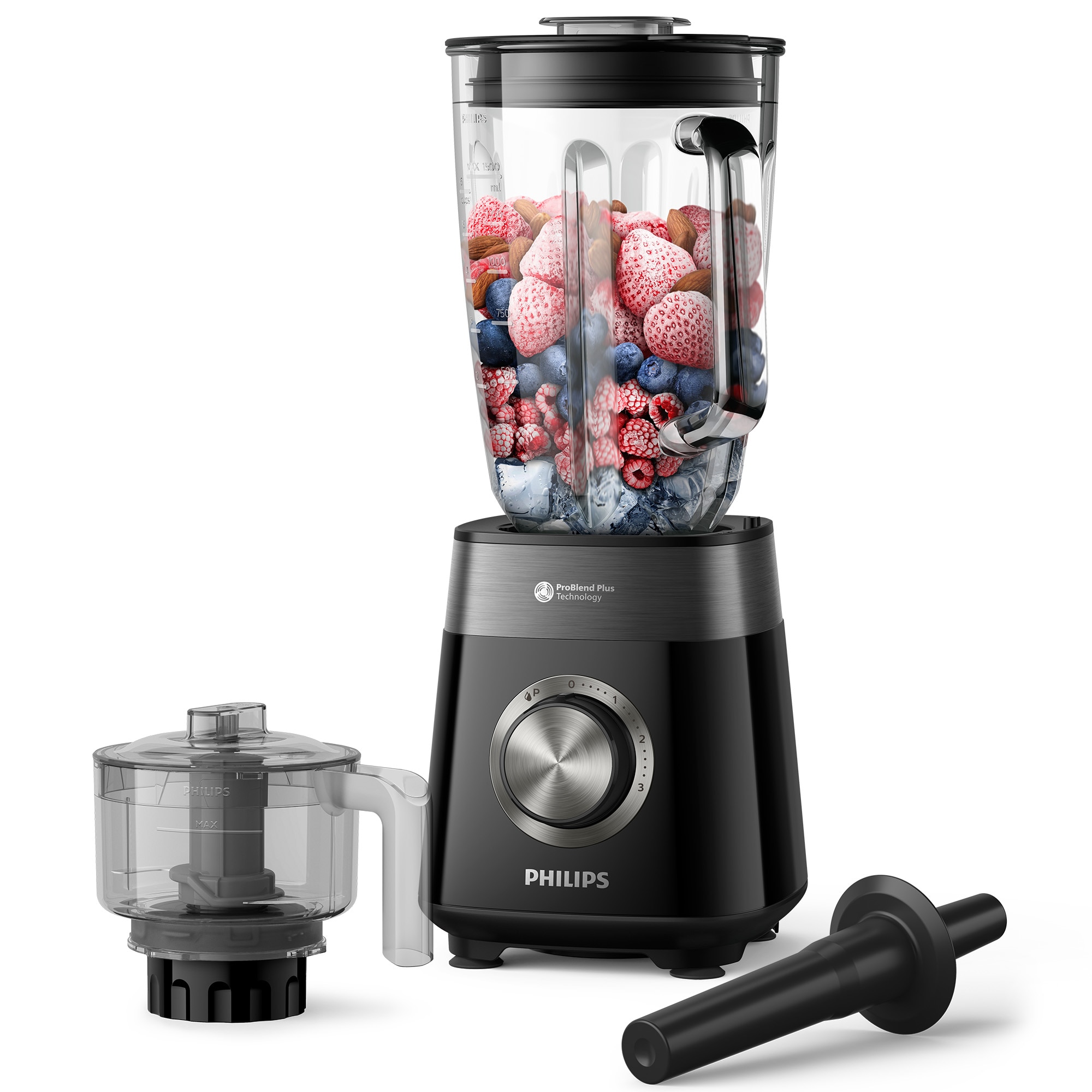 Blender Philips HR3032/00 Seria 5000, 1200 W, Lame noi ProBlend Plus, Vas din sticla cu nervuri, 3 viteze plus Impuls, Lame detasabile, capacitate 2 litri, Accesoriu tocator, Negru