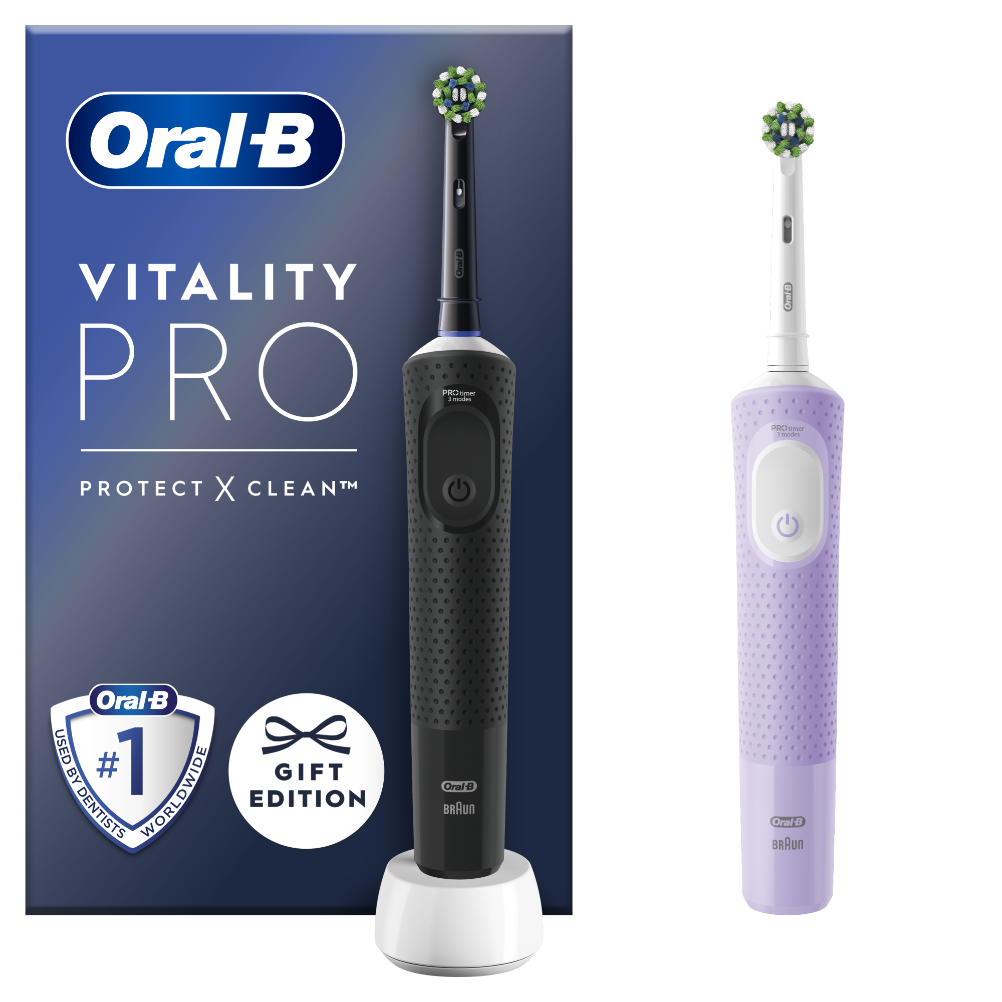 2 Oral-B Vitality Pro Toothbrushes, 2D Cleaning, 3 Programs, 1 Charger, 2 Heads, Black/Purple
