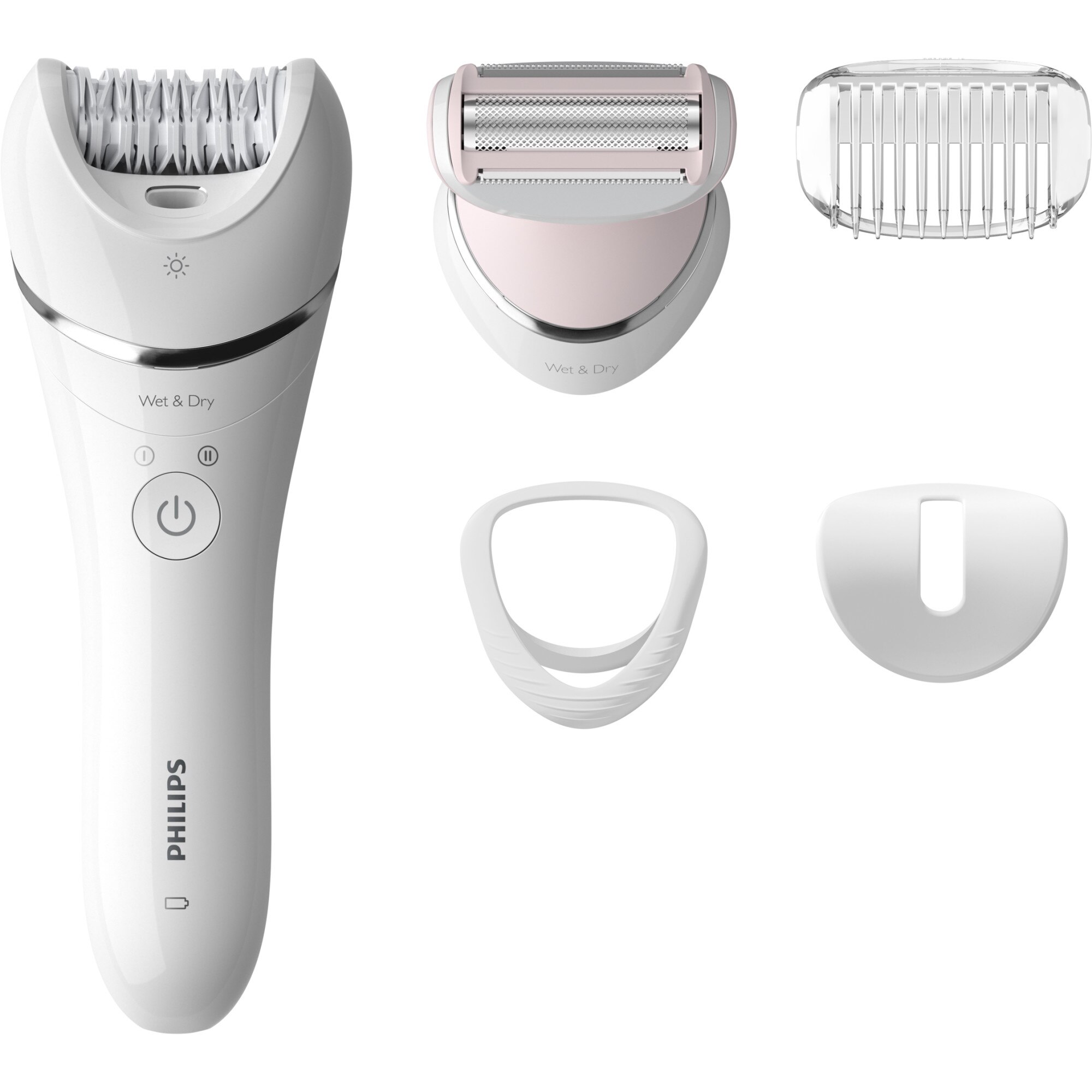 Philips BRE71000 wet/dry epilator, 5 accessories, 32 tweezers, wireless, 2 speeds, optilight, ceramic discs, Silver