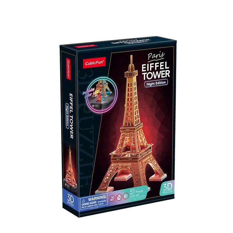 Puzzle 3D Cubic Fun - Night Edition, Turnul Eiffel, cu led, 51 piese