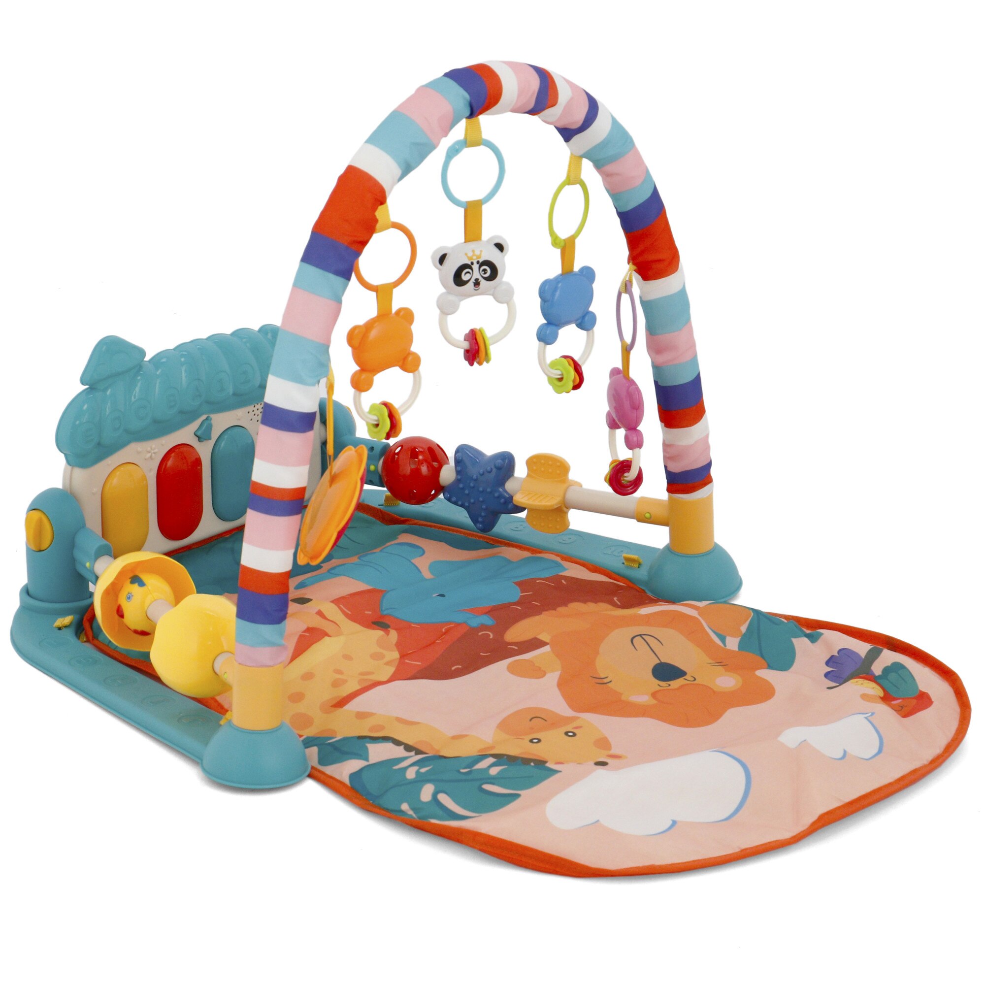 Salteluta interactiva Mappy, cu pian si arcada cu jucarii, turcoaz