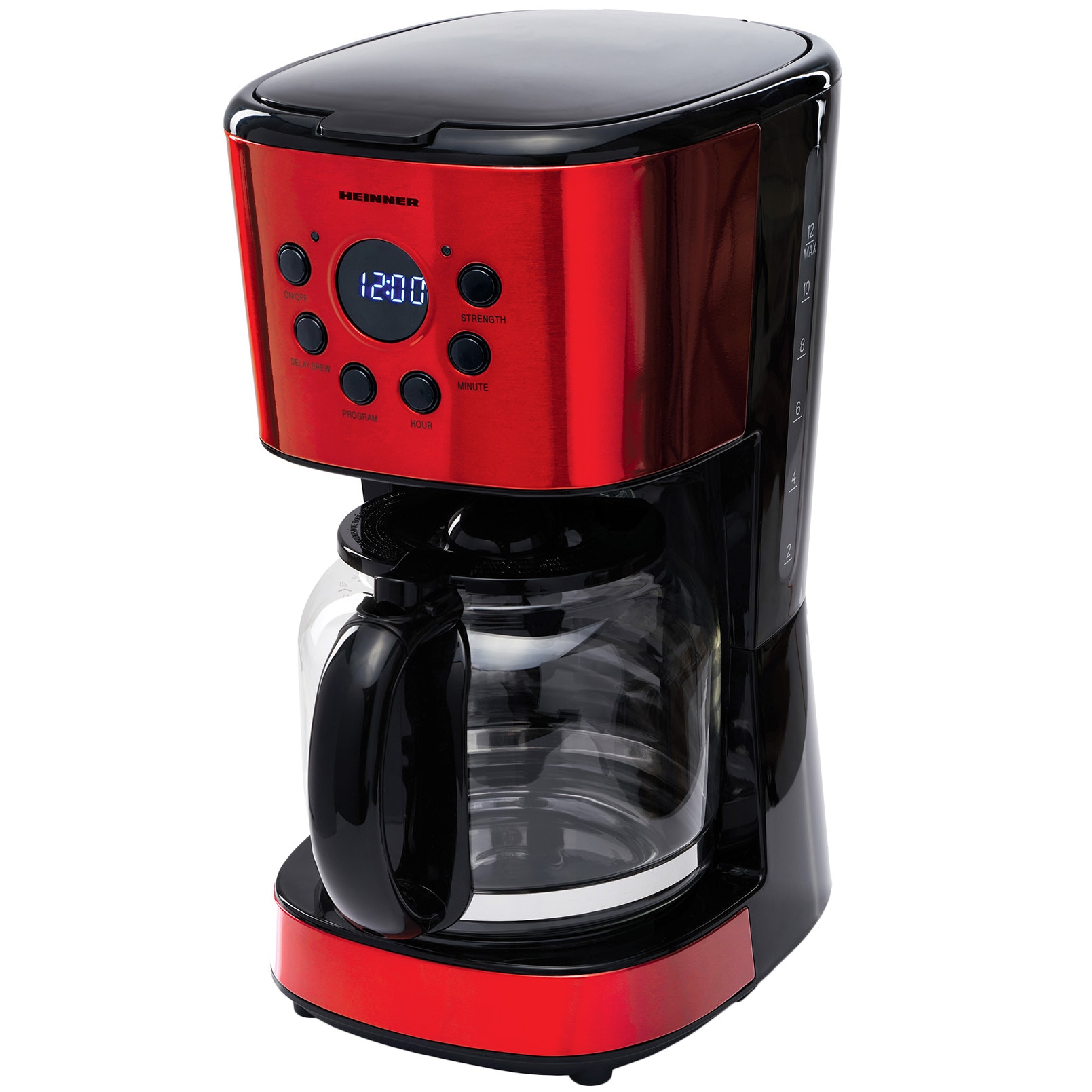 Cafetiera digitala Heinner HCM-1500RDIX, 900 W, 1.5 L, Timer, Display Led, fara BPA, Rosu/Negru