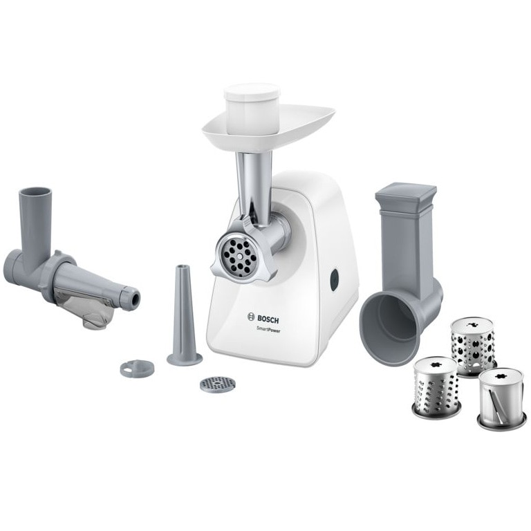 Bosch MFW2517W mincing machine, 17kgmin, 2 sieves 38 8 mm, Tomato juicer, 3 slicing discs, White