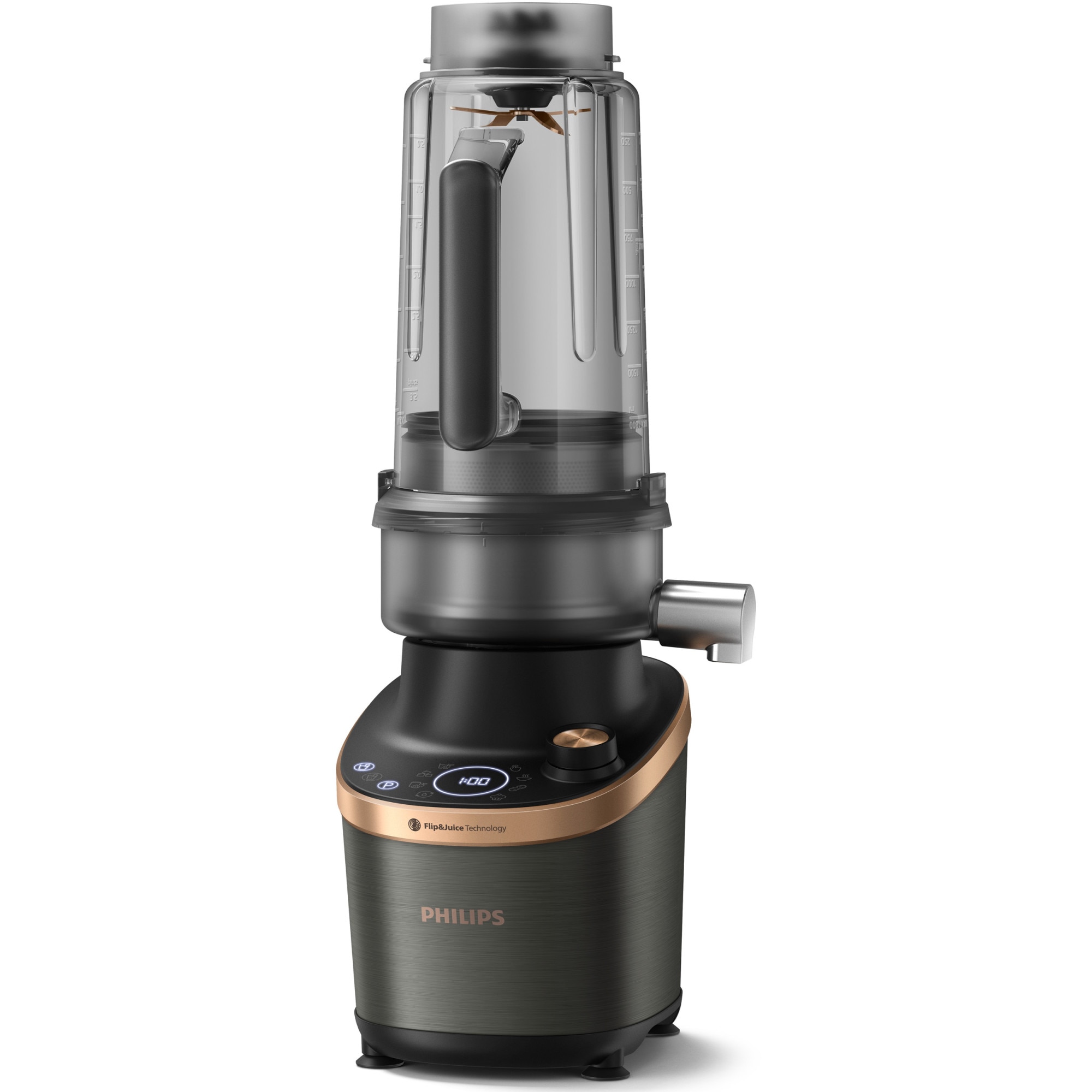 Blender Philips de mare viteza cu functie de stoarcere, tehnologie DUAL CHEF 1500 W, pahar de tritan de 2 l, corp din metal negru, 4 lame zimtate, setari de viteza variabila, presetare si functie impuls, ecran LED si buton, 2 pahare, antracit