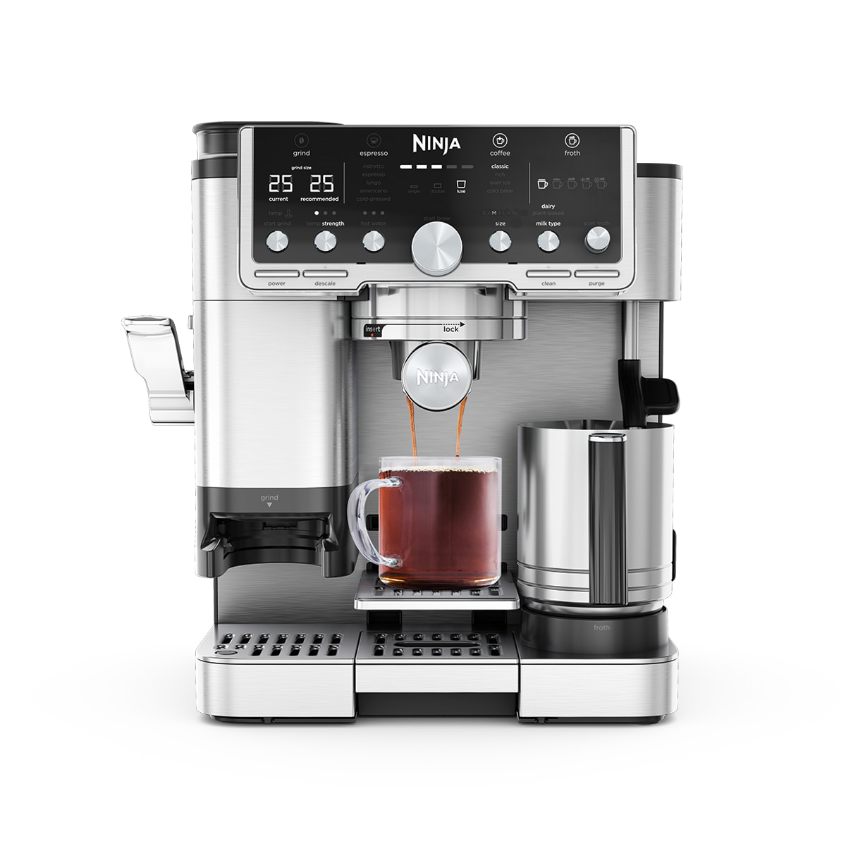 Espressor semi-automat 3in1 Ninja Luxe Café Pro ES701, 1650W, Cold Brew, Barista Assist, rasnita incorporata cu 25 trepte de macinare, sistem automat de spumare a laptelui Dual Froth Pro XL , autocuratare a sistemului de spumare, inox