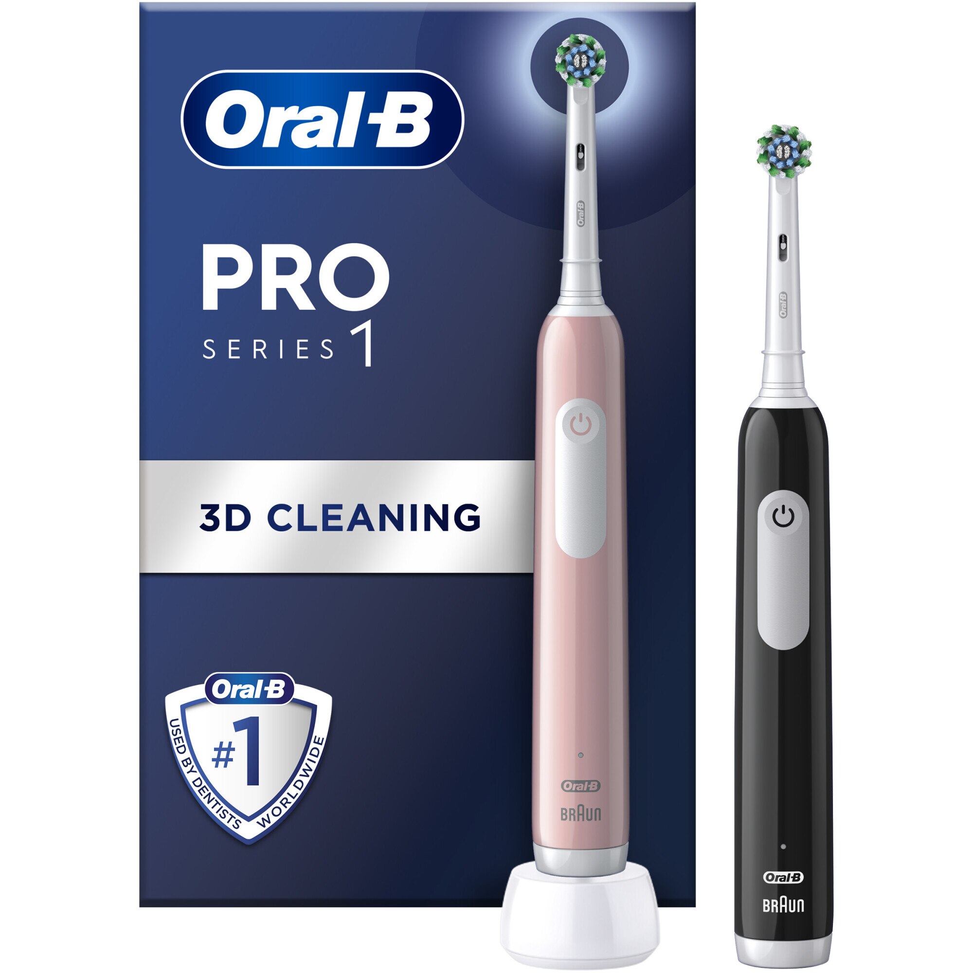 Set of 2 Oral-B Pro 1 Electric Toothbrush, 3D Clean, 1 Program, 1 Brush Head, Black/Pink