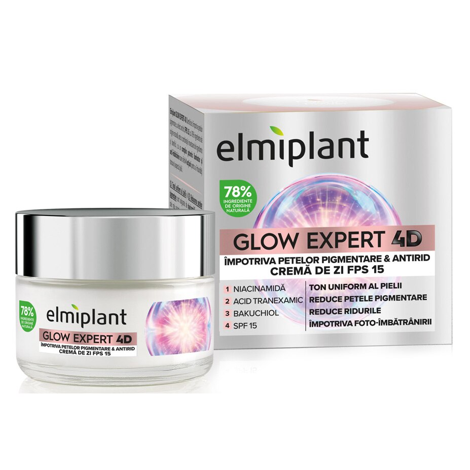 Crema de zi Elmiplant Glow Expert 4D impotriva petelor pigmentare, antirid, cu Niacinamida si SPF 15, 50 ml