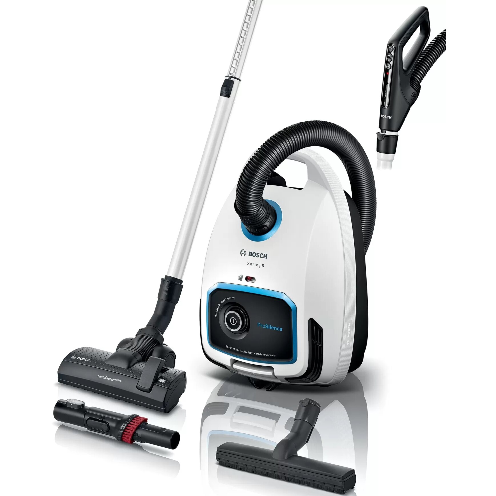 Bosch BGB6SIL1 bag vacuum cleaner, washable Hepa filter, ProSilence, Remote PowerControl, 700W, white.