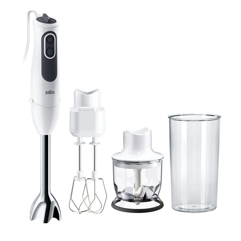 Mixer vertical Braun MQ3125B, 750 W, Pahar gradat 0.6 l, Tocator 0.35 l, Tel dublu, 11 trepte viteza, Alb/Gri