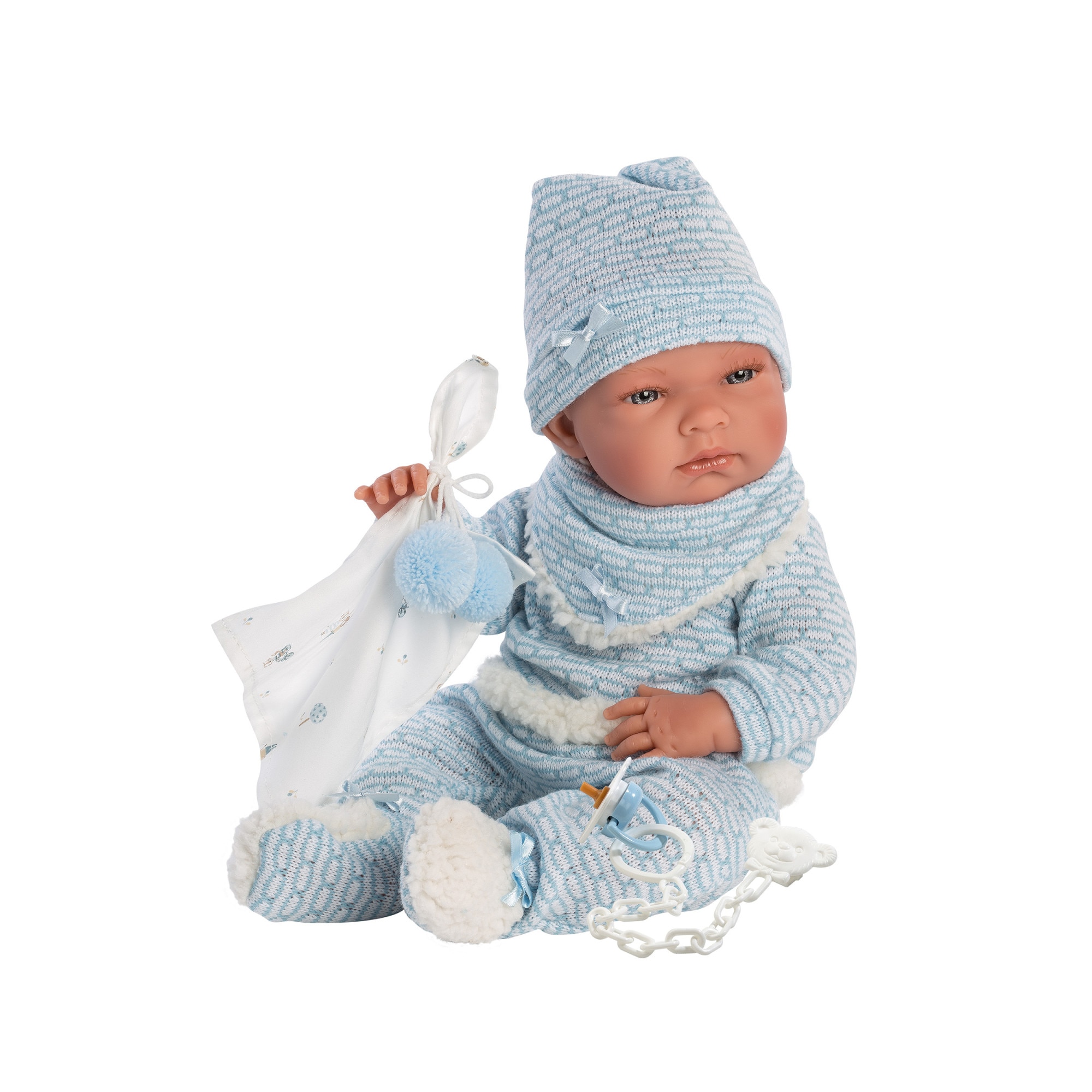 Papusa interactiva Llorens Smooth skin - Baby Nico, cu paturica albastra, 38 cm