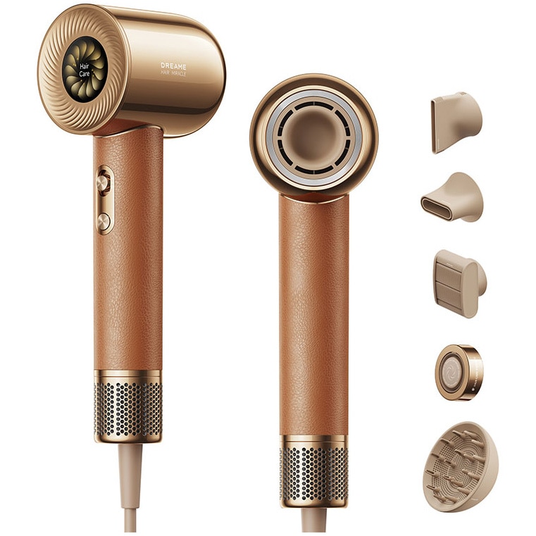 Miracle Dreame hair dryer, 1600W, max. air speed 70m/s, 2 air flow levels, 4 temperature settings, 5 accessories included, brown/gold