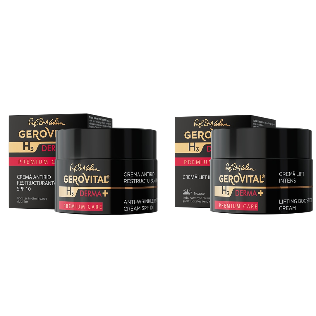 Gerovital H3 Derma + Premium Care Gift Package: Restructuring Anti-Wrinkle Cream SPF 10 – Needle-Free Filler, Firmness and Elasticity, UV Protection and Hydration, 50 ml + Intense Lift Cream – Lifting Effect, Firmness and Elasticity, 50 ml
