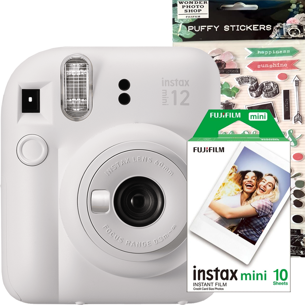 Aparat foto Instant Fujifilm Instax Mini 12 Clay White + Film Mini 1x10 + Stickere Decorative