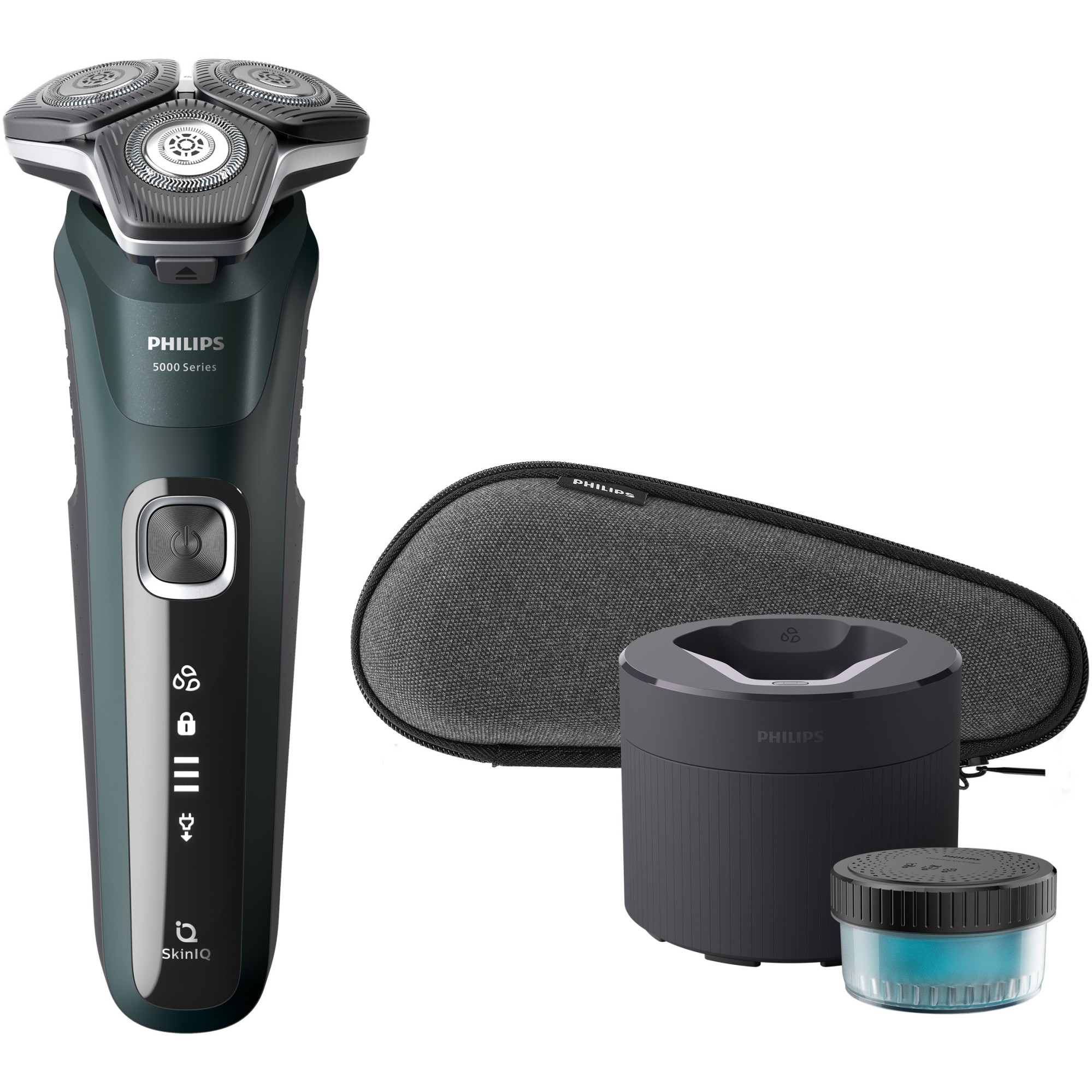 Philips Shaver Series 5000 S588450: wet, SkinIQ, wireless, 360° heads, LED display, Power Adapt, 60 min, Dark green