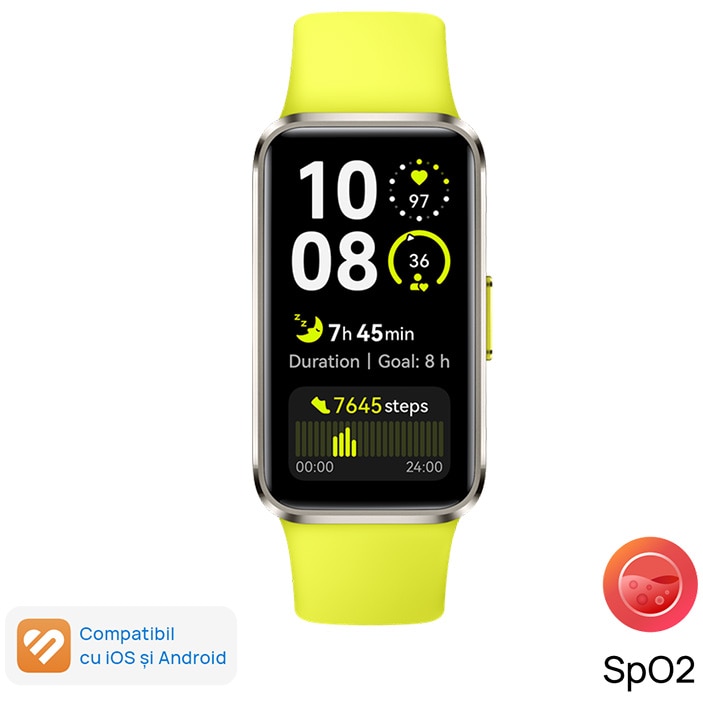 Fitness bracelet HUAWEI Band 10, Android /iOS, Titanium Color Aluminum Alloy Body with Green Fluoroelastomer Strap