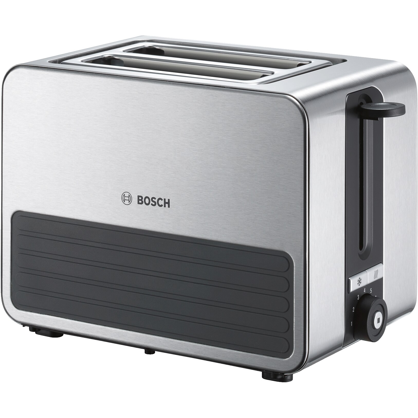 Bosch compact Graphite toaster: defrost &amp; reheating functions, crumb drawer, built-in bun grill, 2 slots.