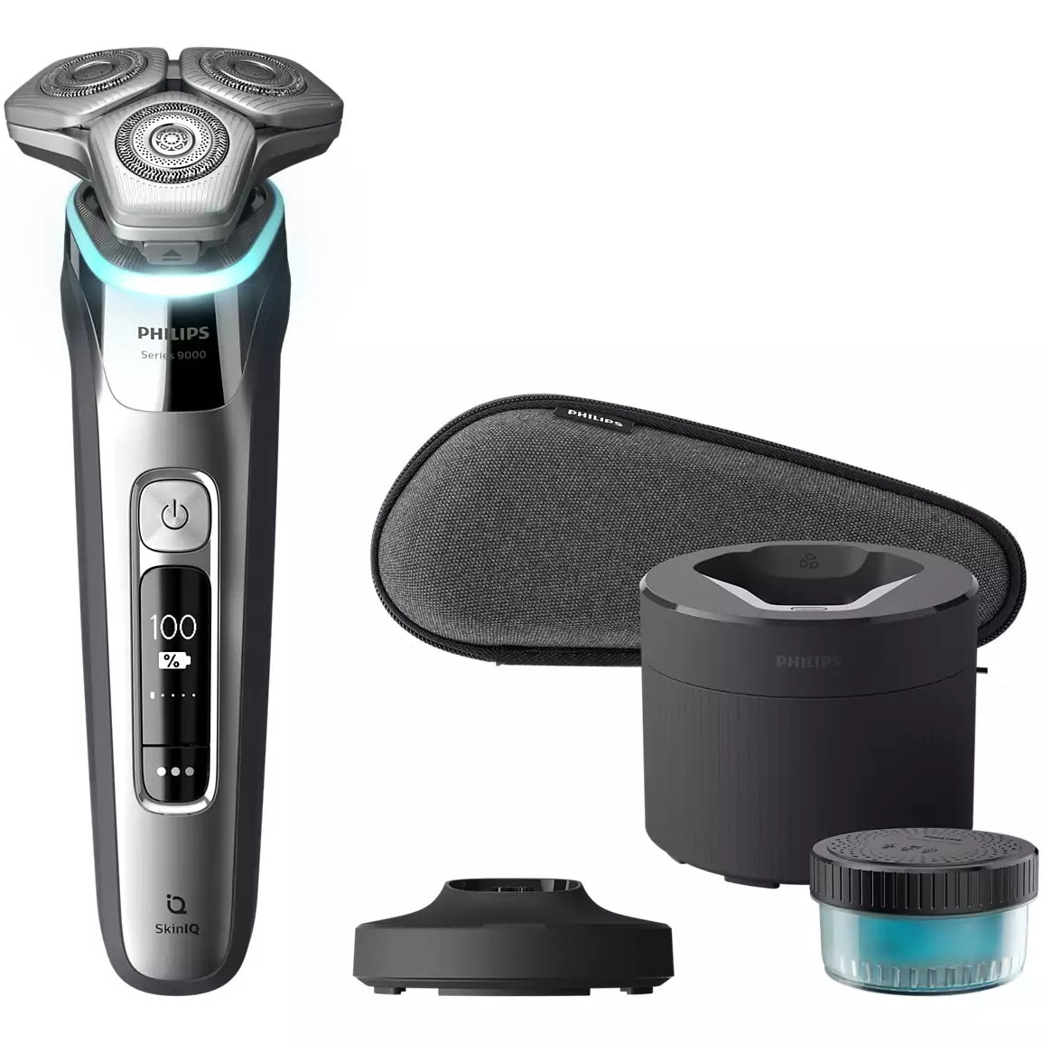 Aparat de ras PHILIPS Shaver Seria 9000 S9975/55, barbierit umed şi uscat, fara fir, tehnologie SkinIQ, capete flexibile 360°, lame autoascutire, personalizare prin aplicatie, senzor Power Adapt, 60 min, toc de transport, Argint cromat