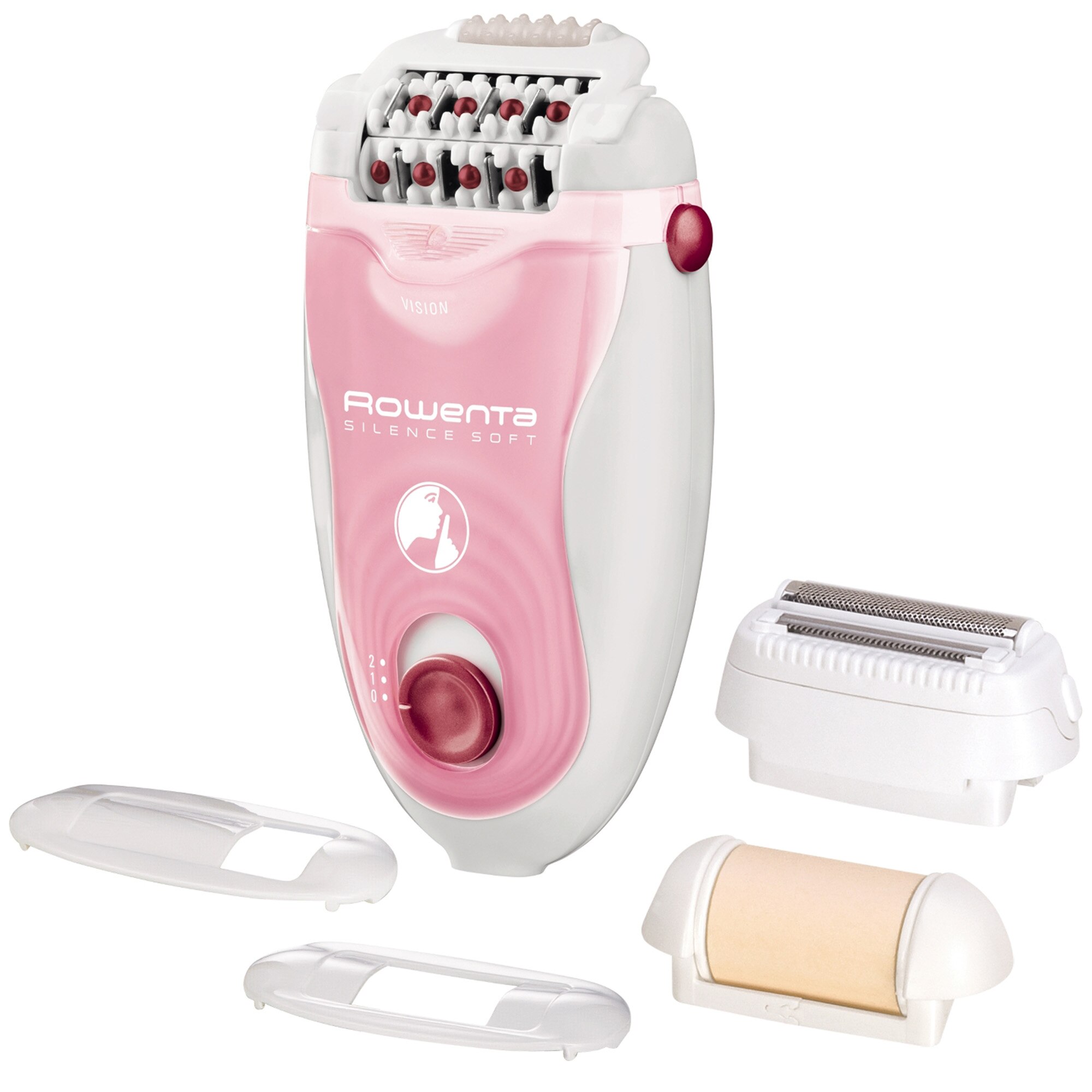 Rowenta Silence Soft EP5640D1 epilator, 2 speeds, 24 tweezers, 4 accessories - groin &amp; armpits &amp; shaving &amp; exfoliation, washable epilation head and accessories, advanced micro-contact technology, silent system, white/pink