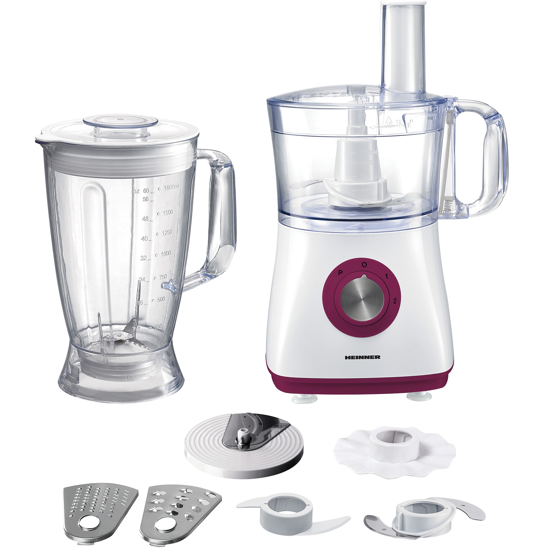 Heinner Charm HFP-750BG Food Processor, 750 W, 1.2 L Bowl, 1.8 L Blender, 4 Discs, White/Maroon